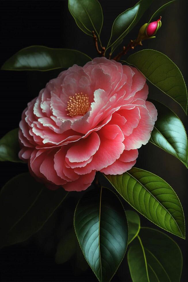 proche en haut de une rose fleur avec vert feuilles. génératif ai. photo