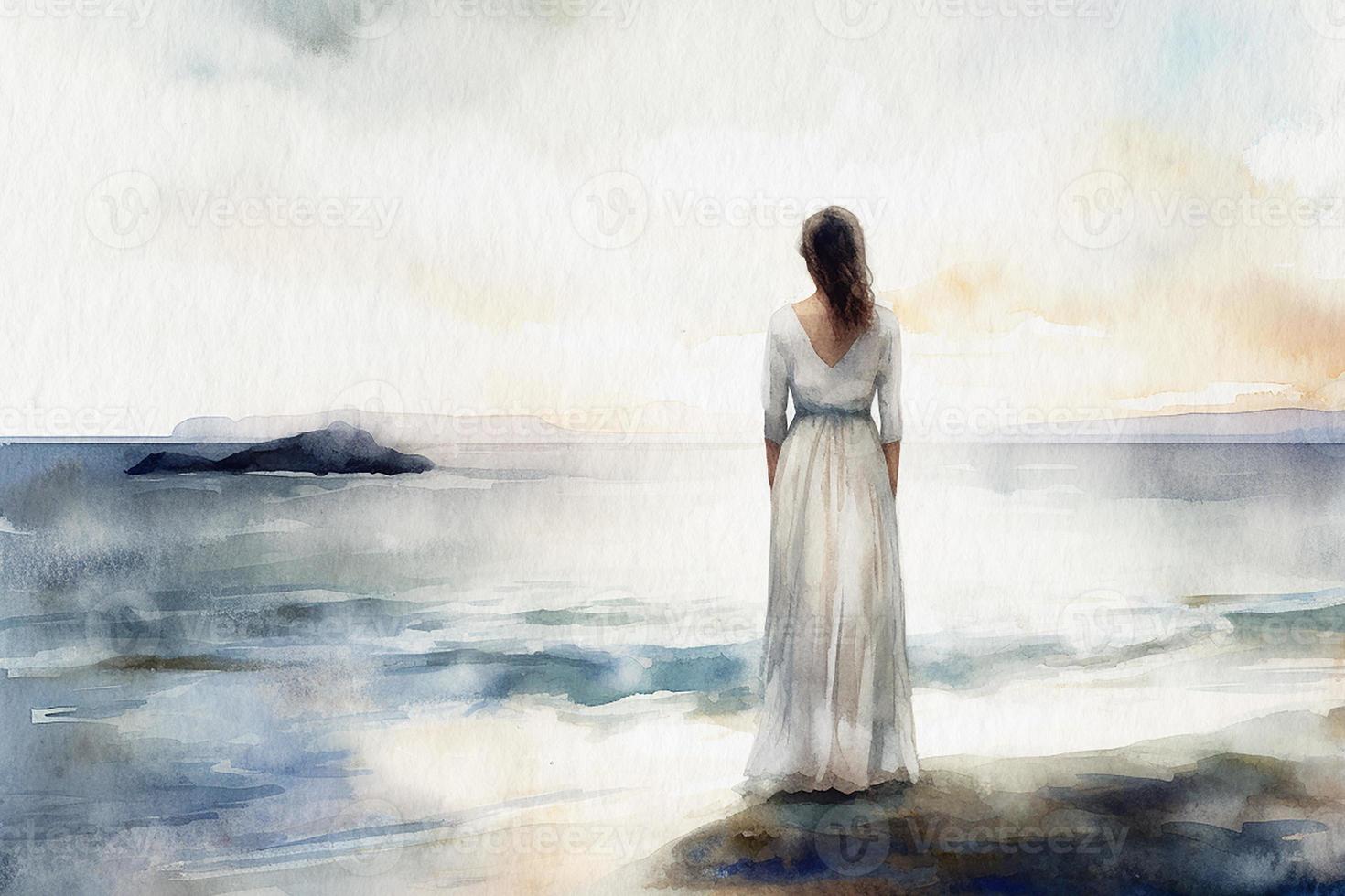 fille dans blanc longue robe à la recherche en dehors à mer, retour voir, La peinture peint dans aquarelle sur texturé papier. numérique aquarelle La peinture photo