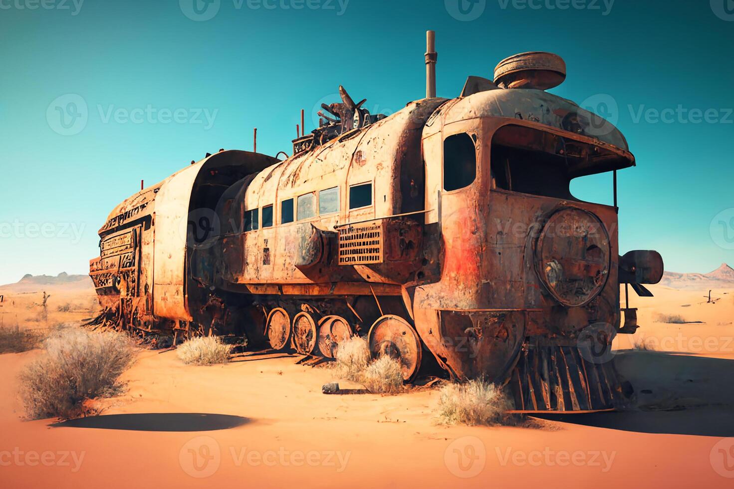 un vieux rouillé vapeur locomotive garé dans le désert. génératif ai photo