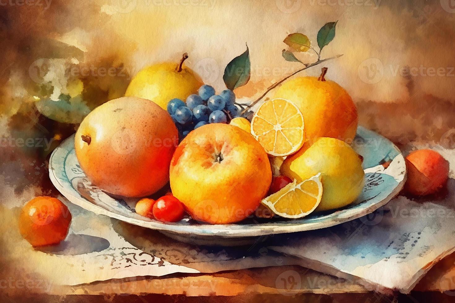 encore vie, une assiette de fruit sur une tableau, une La peinture peint dans aquarelle sur texturé papier. numérique aquarelle La peinture photo