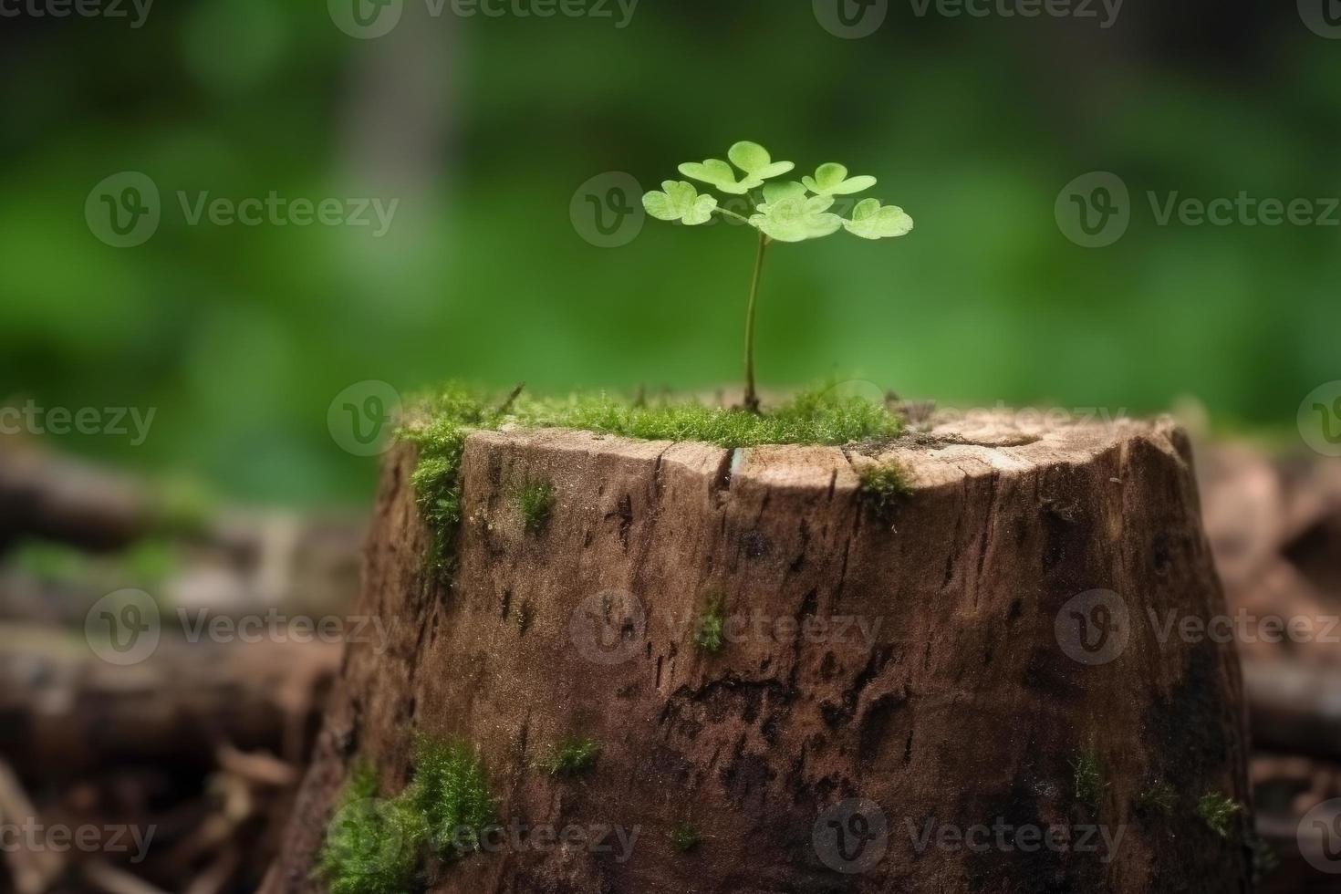 Jeune arbre vieux souche. produire ai photo