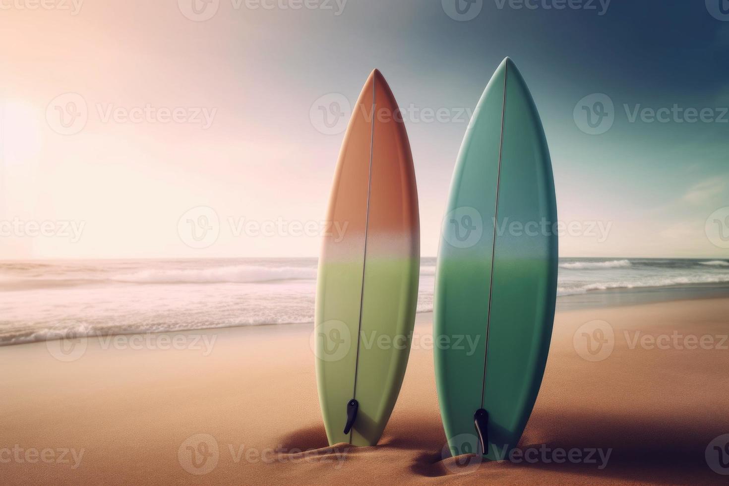 deux planches de surf sur plage. produire ai photo