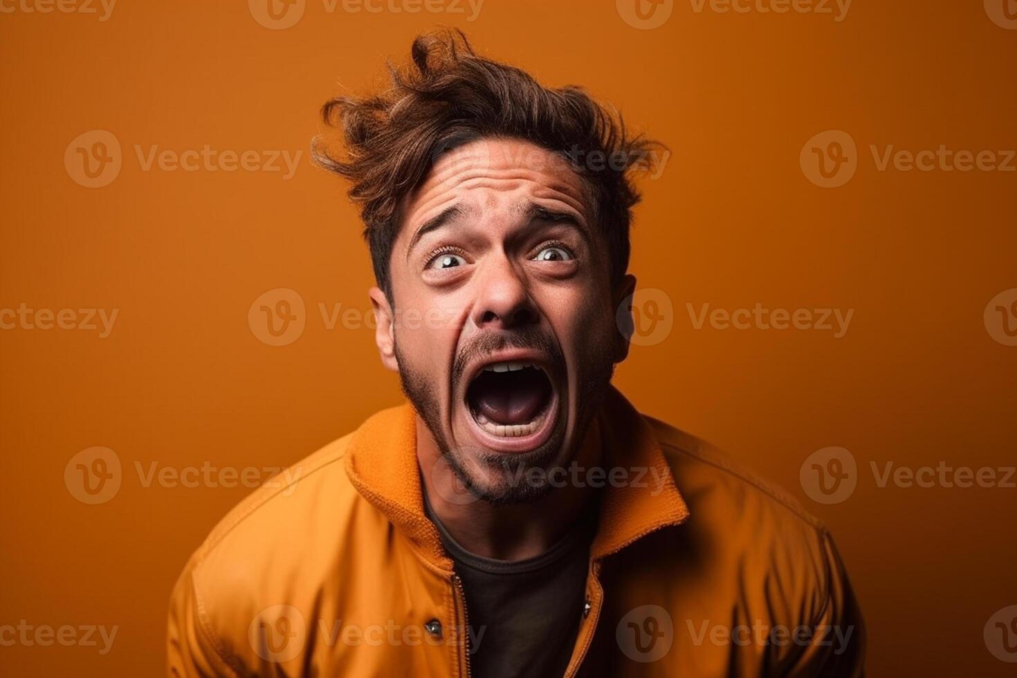 ai génératif une homme sur solide Couleur Contexte séance photo avec peur visage expression