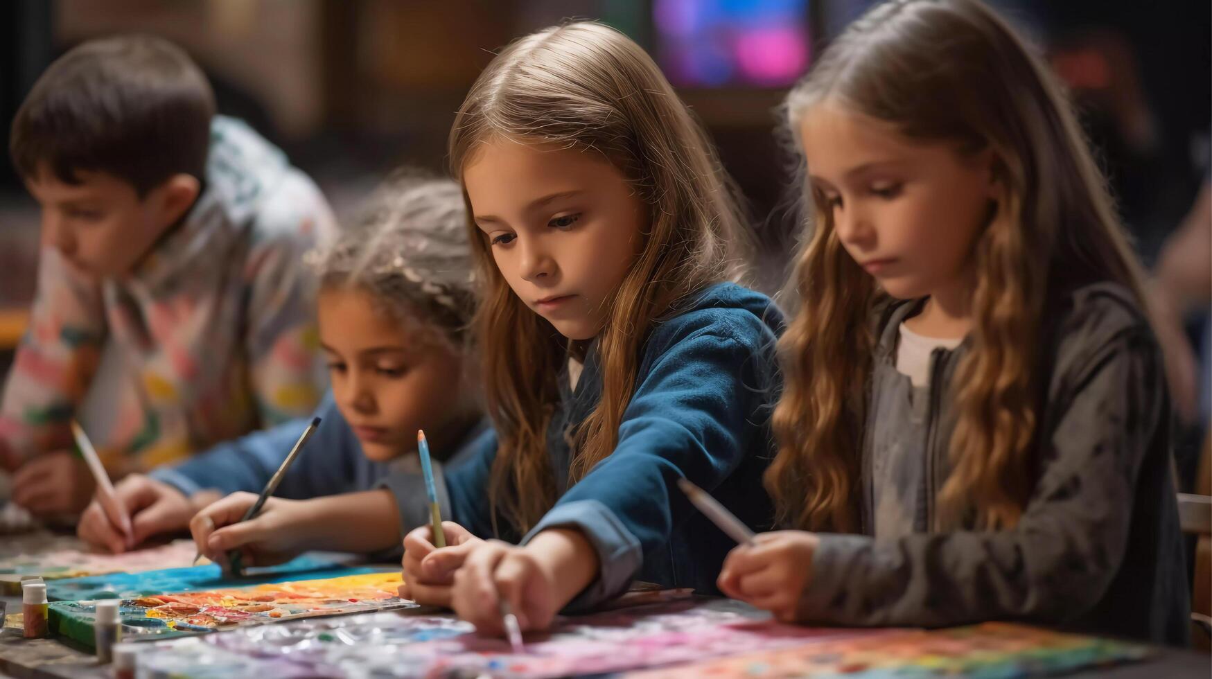 groupe de élémentaire école des gamins ayant un art leçon avec leur professeur, la créativité, apprentissage, collaboration, coloré, amusement ai généré photo