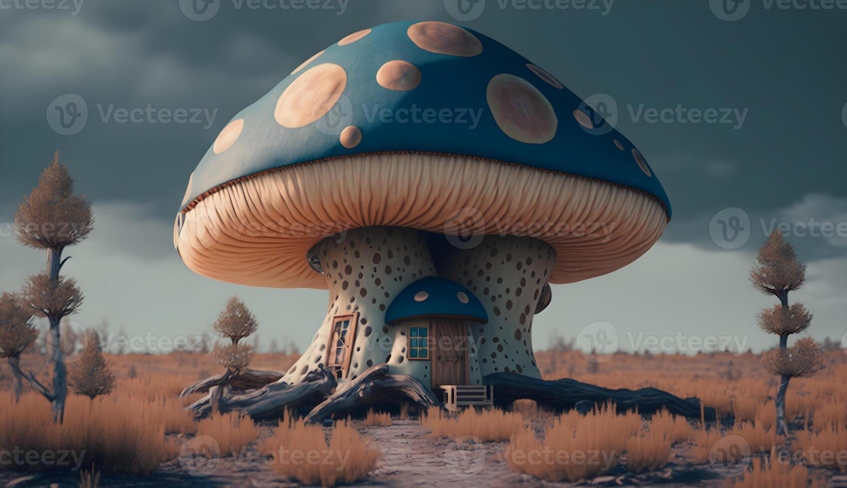 illustration de toxique champignon maison, nain Fée logement de toxique champignons génératif ai photo