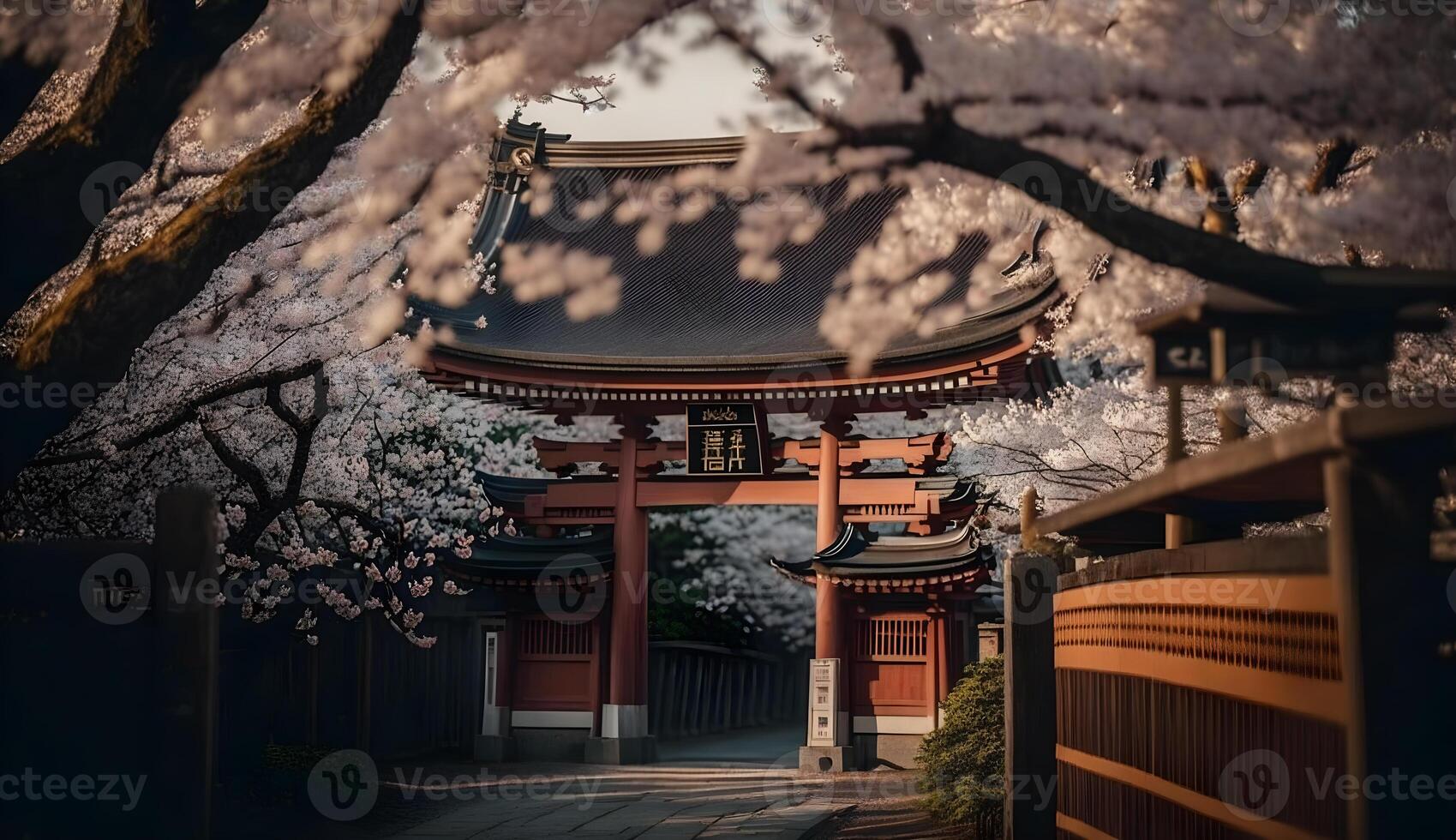 toji porte dans Cerise fleur jardin, Japonais jardin paysage .génératif ai photo
