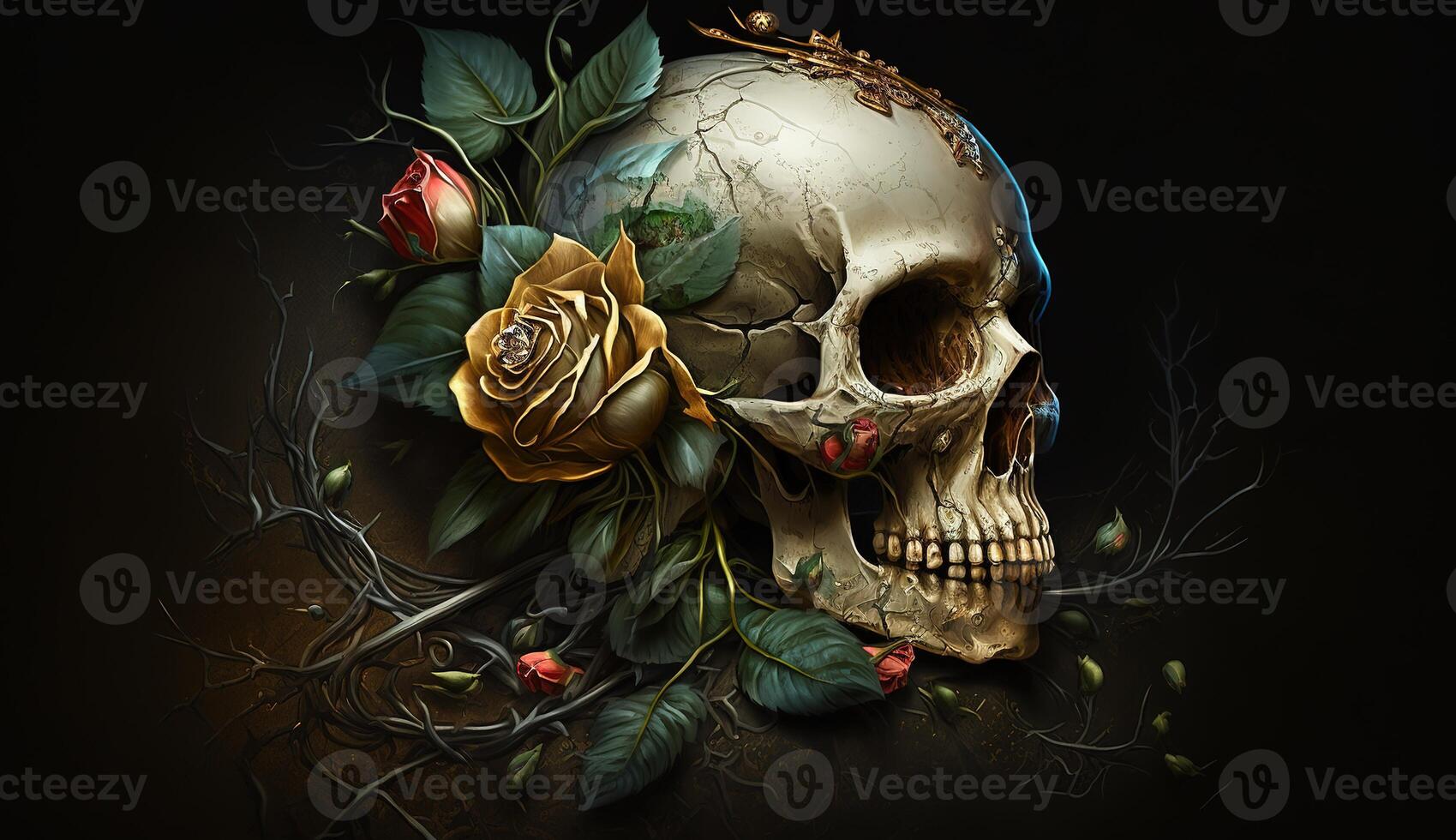 crâne avec des roses. Humain crâne dans magnifique fleurs. Halloween images. journée de le mort. génératif ai photo