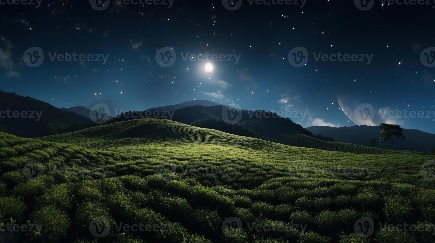 une Stupéfiant vue de éclairé par la lune thé des champs contre le majestueux toile de fond de le étoilé nuit ciel. génératif ai photo