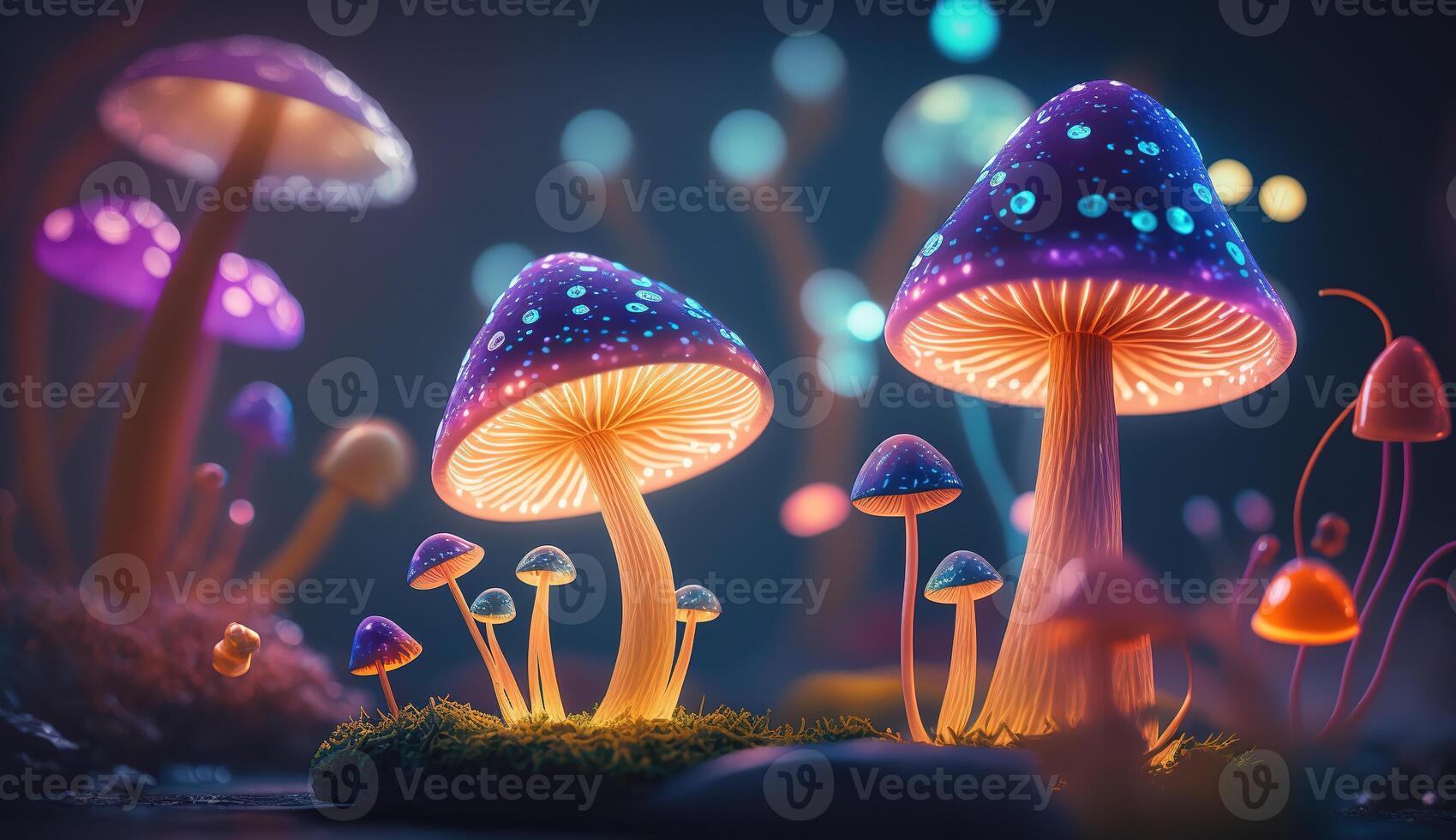 lumineux coloré champignons dans une psychédélique espace fantaisie. génératif ai photo