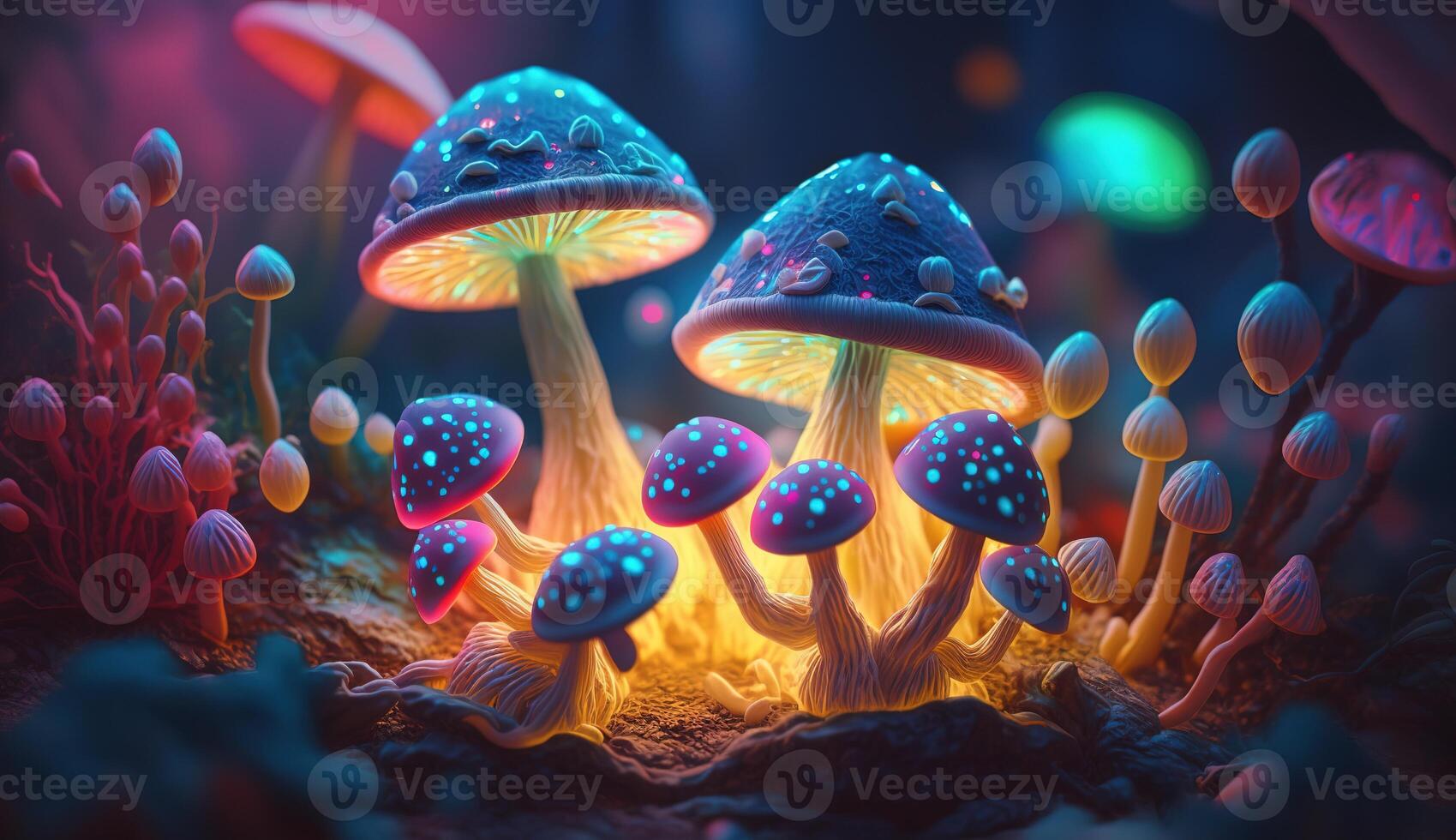 lumineux coloré champignons dans une psychédélique espace fantaisie. génératif ai photo