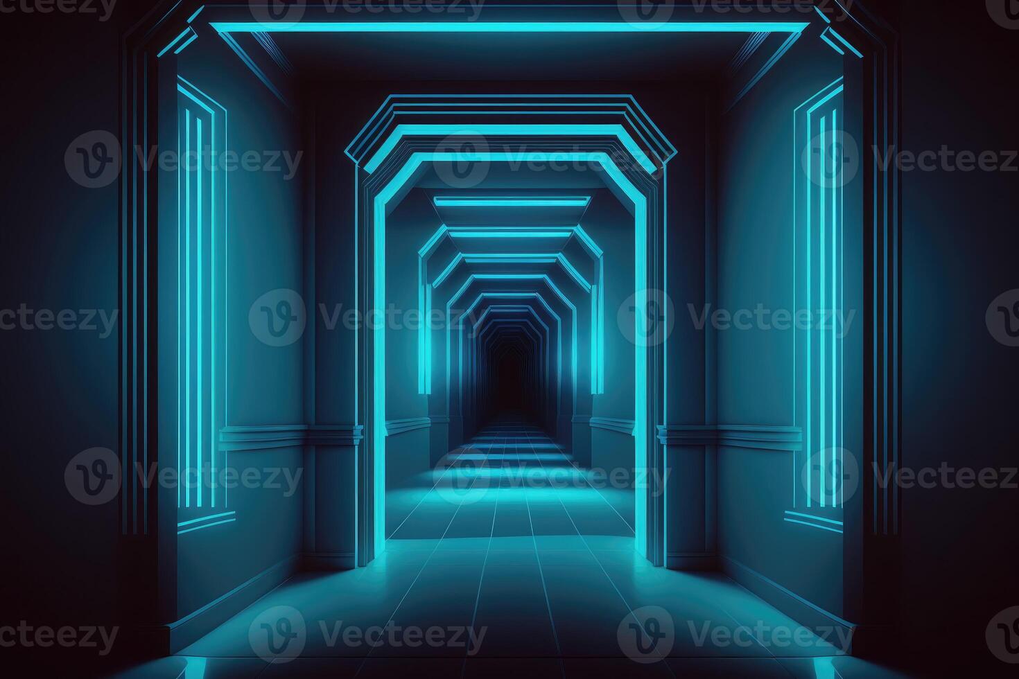 ai généré nuit club vide pièce intérieur. tunnel ou couloir bleu néon Contexte. photo