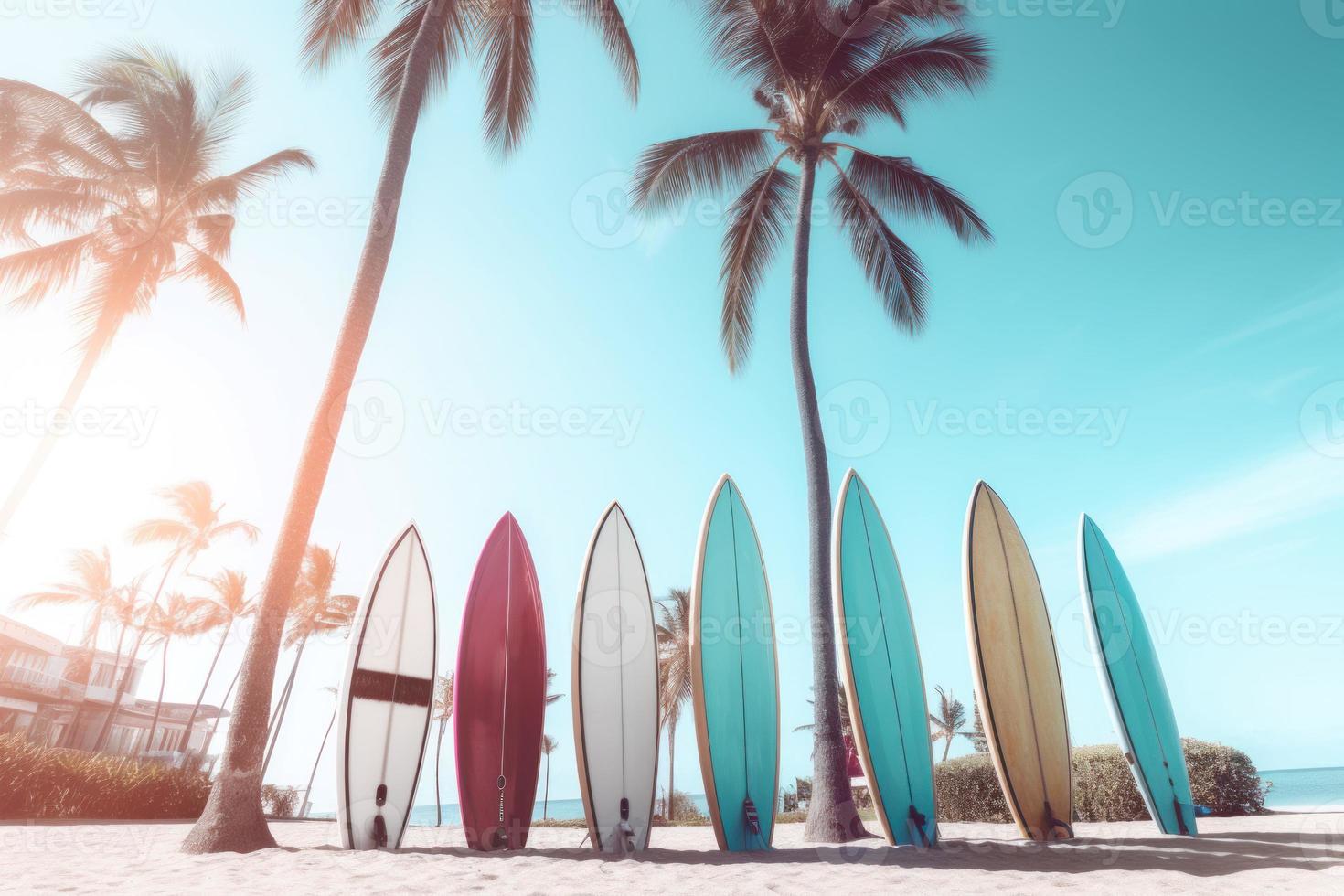 rangée de planches de surf sur plage. produire ai photo