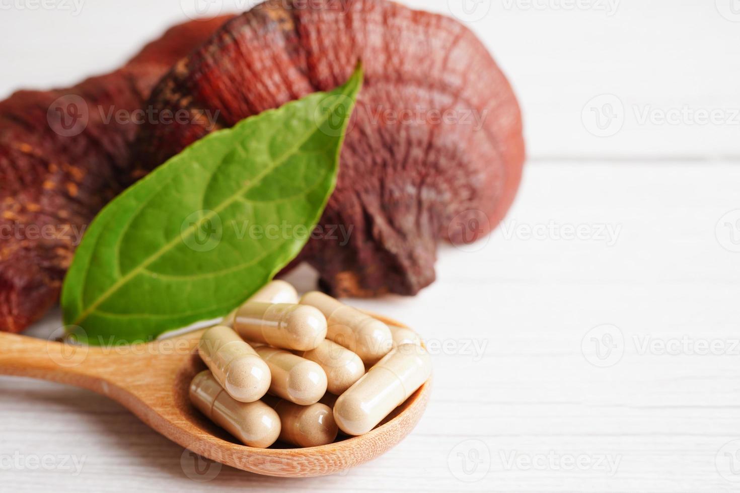 champignon lingzhi ou reishi avec capsules, aliments sains et naturels biologiques. photo