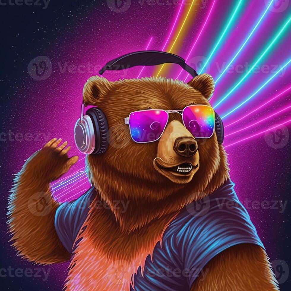 cool néon fête ours dans des lunettes de soleil. génératif ai. ne pas basé sur tout réel scène photo