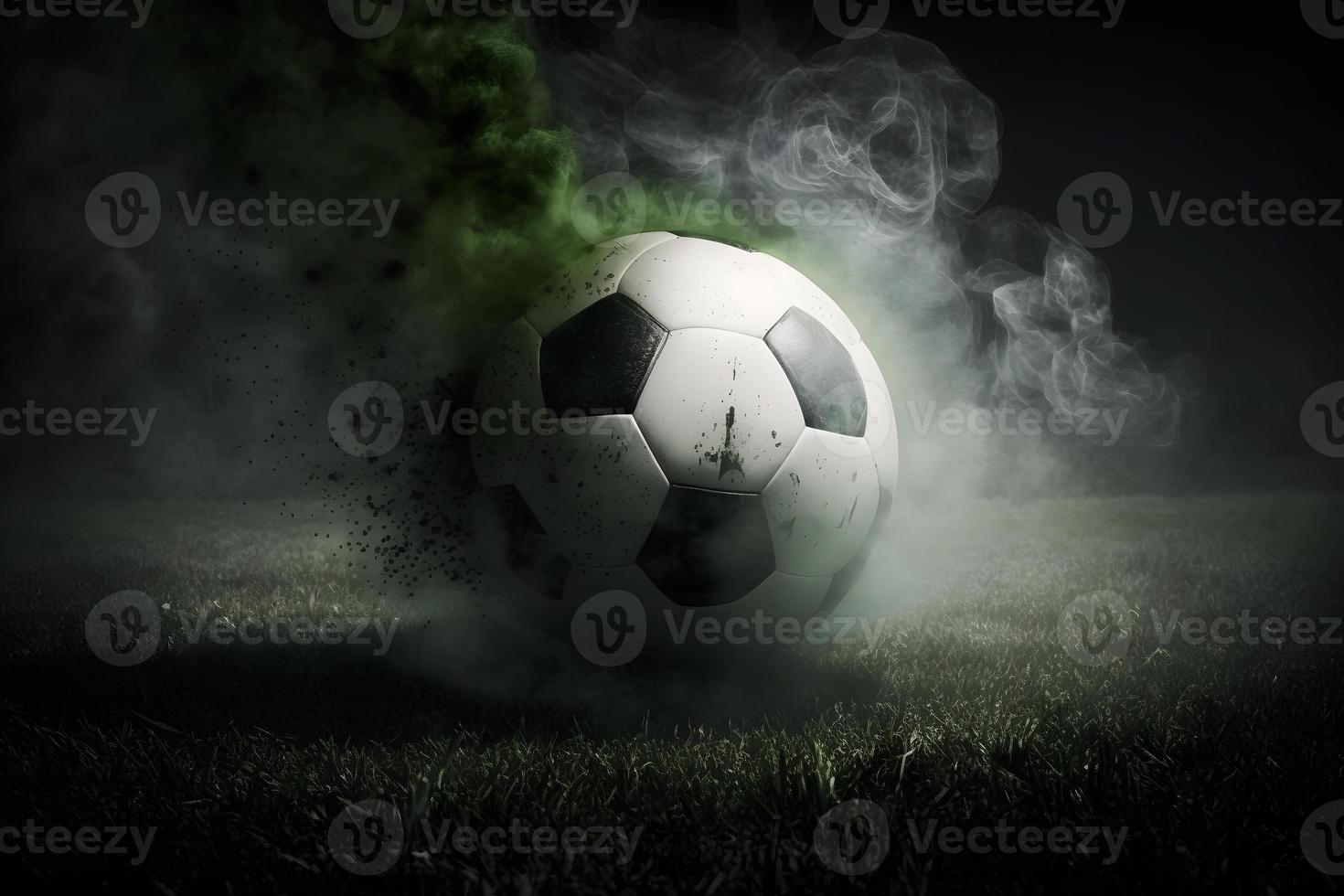 traditionnel football Balle sur football champ sur vert herbe avec foncé tonique brumeux Contexte. neural réseau généré art photo