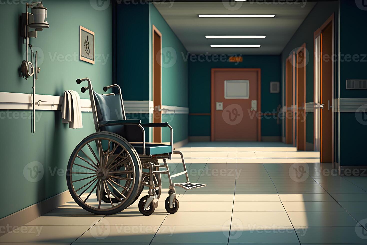 fauteuil roulant dans le hôpital couloir. neural réseau ai généré photo