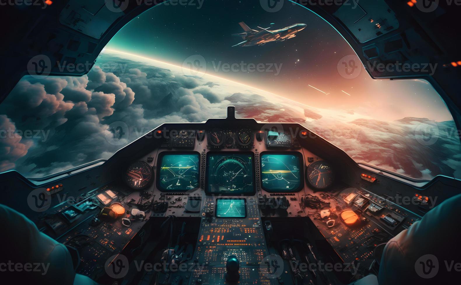 avion cockpit vue pendant intergalaxie périple vol ou vaisseau spatial bataille. neural réseau généré art photo