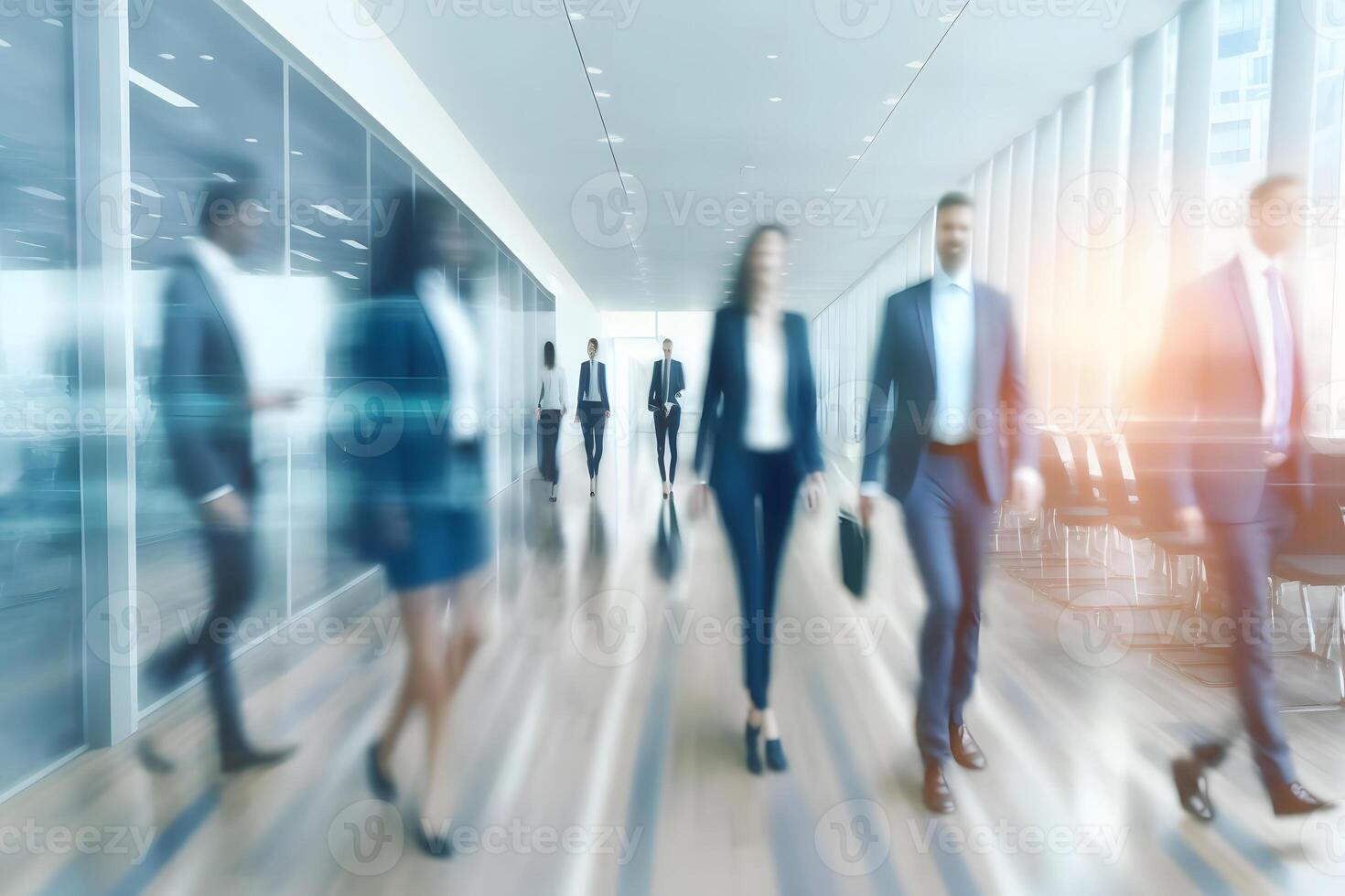 brouiller gens en marchant dans le couloir de affaires centre. neural réseau ai généré photo