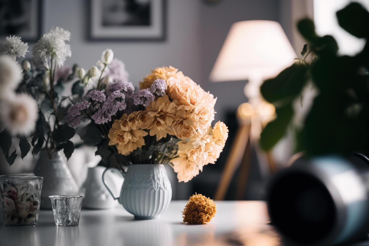 intérieur conception avec fleurs dans vase. illustration ai génératif photo