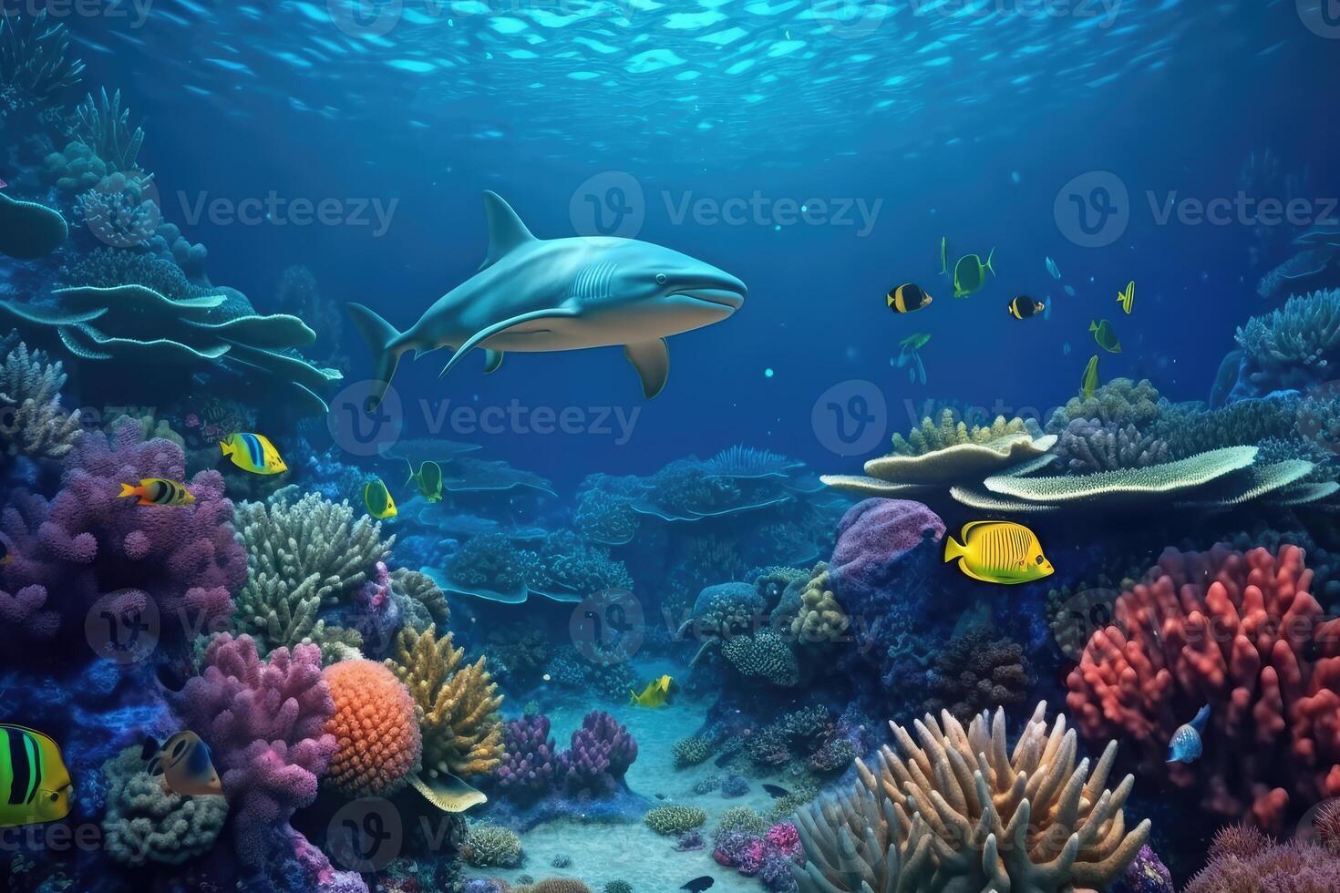 tortue nager par luminescent vibrant coloré corail récif . ai généré photo