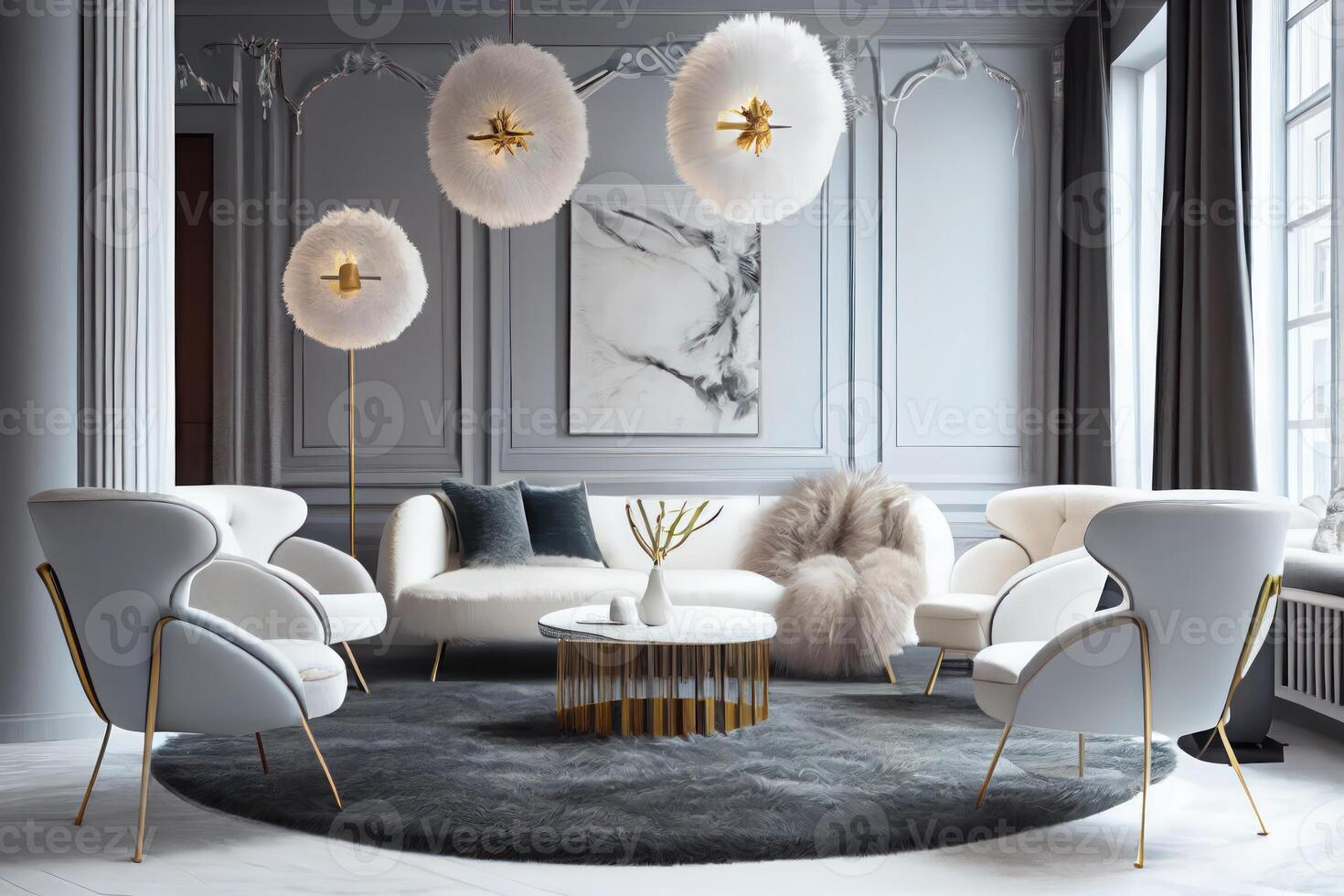 moderne intérieur conception de appartement. blanc vivant pièce avec canapé et rond les fauteuils. accent café table et lustre. Accueil intérieur avec velu couverture sur pierre sol . ai généré photo