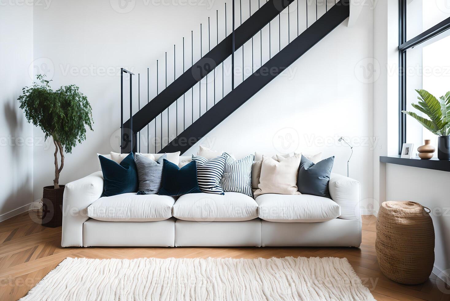confortable doux canapé avec décoratif coussins dans spacieux moderne vivant pièce avec parquet sol et blanc des murs près escalier dans lumière du jour, ai généré photo