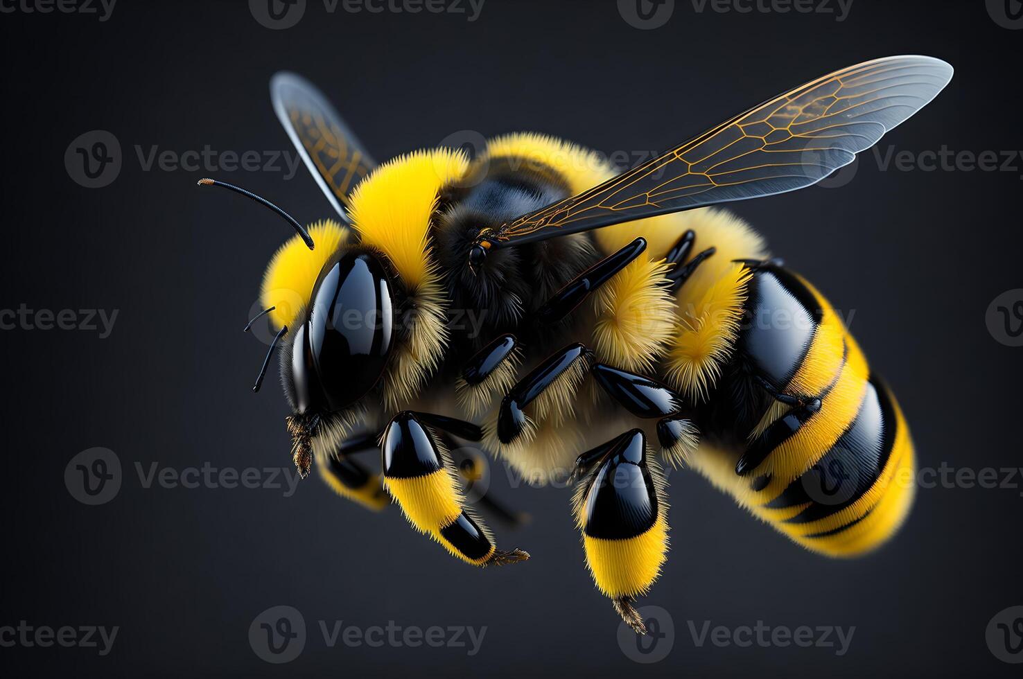 micro abeille isolé sur une foncé arrière-plan, ai généré photo