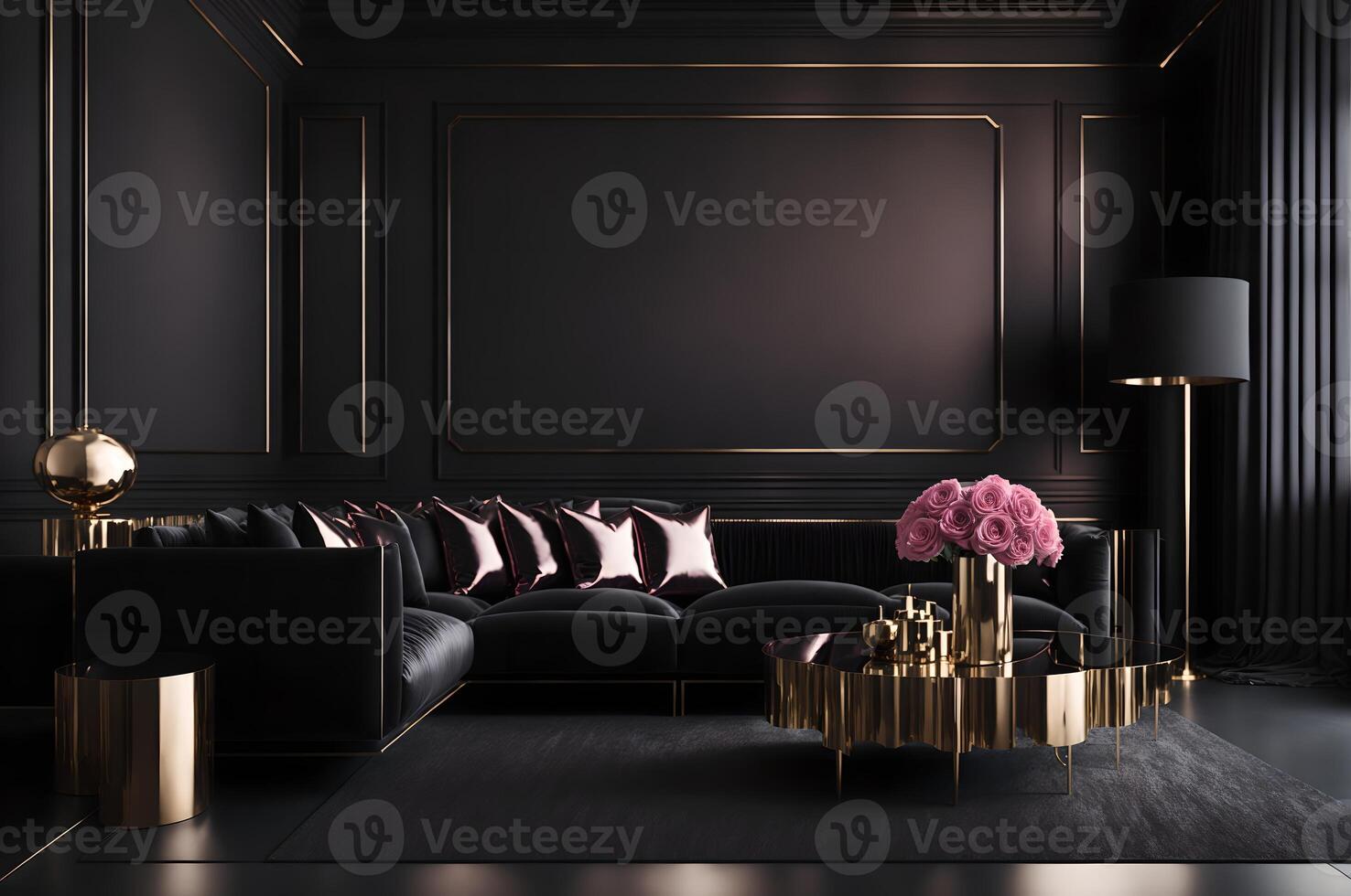 grand vivant pièce dans une foncé style, noir canapé, Rose rose oreillers, et or table avec Rose fleurs sur une noir mur, ai généré photo