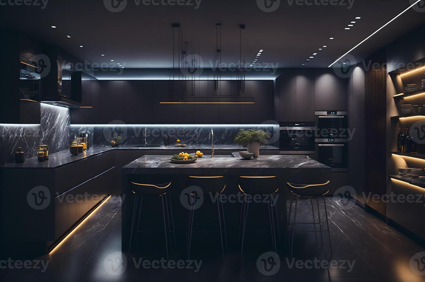 moderne cuisine intérieur, luxe décor pour une cuisine avec LED lumière, meubles décoration, branché noir style pour le intérieur cuisine, ai généré photo