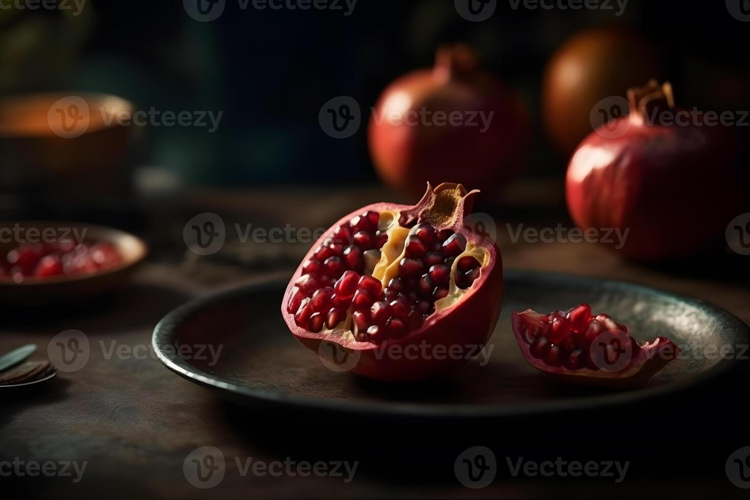 mûr Grenade avec juteux graines, sur vieux en bois tableau. neural réseau ai généré photo