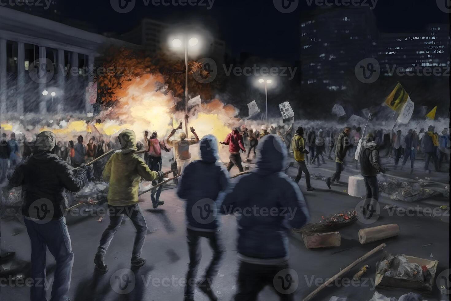 foule de gens avec affiches et drapeaux permanent dans de face de parlement bâtiment pendant Publier élection manifestation. neural réseau ai généré photo