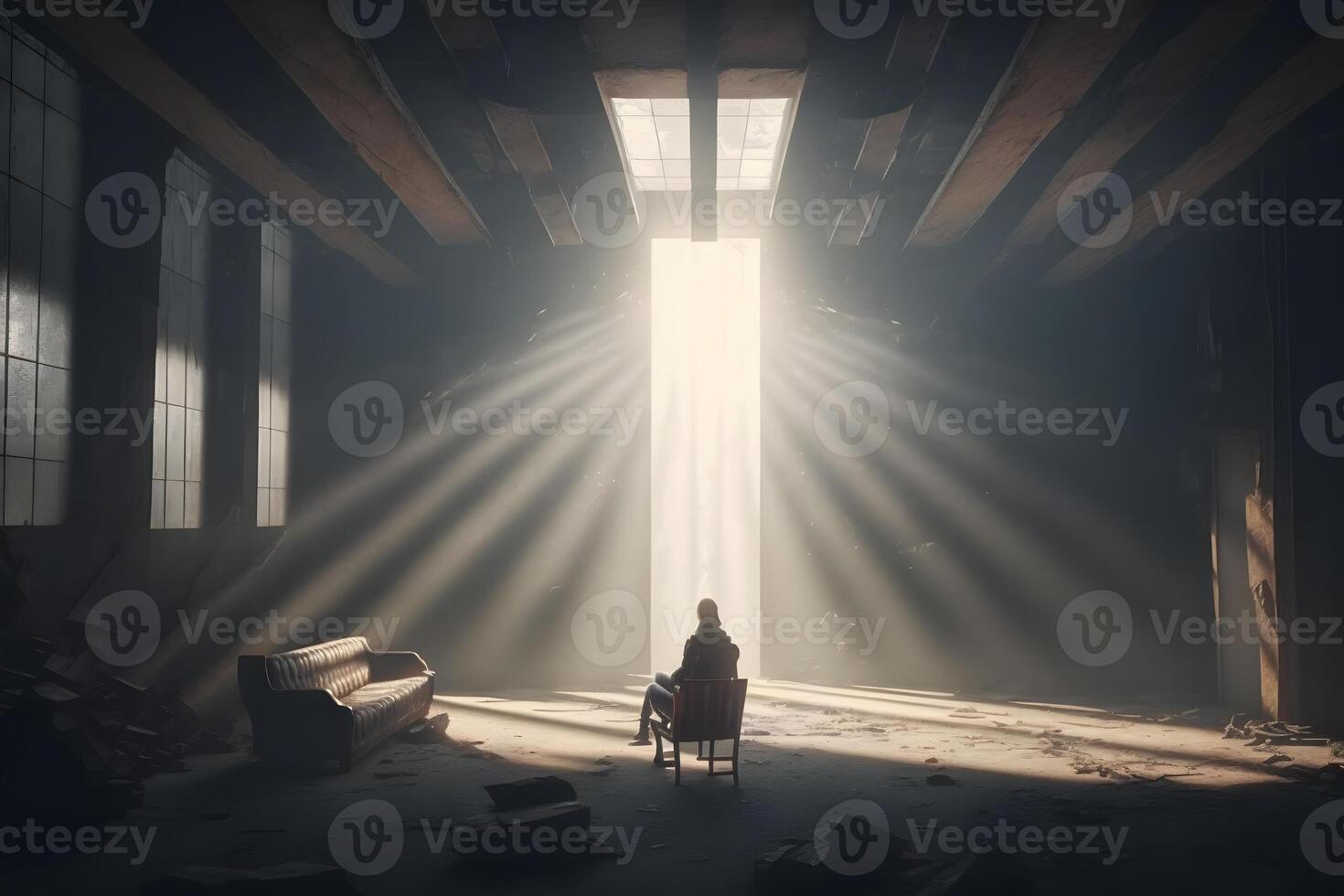 salle avec des rayons de lumière pour méditation. spirituel temple. neural réseau ai généré photo