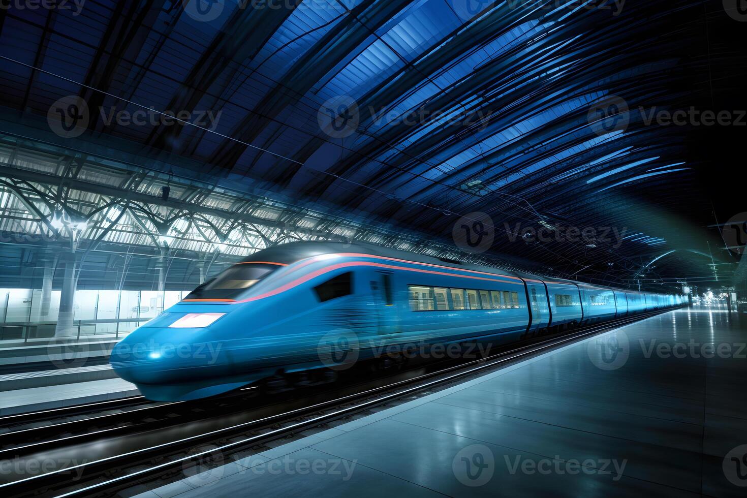 flou mouvement de haute la vitesse train sur futuriste chemin de fer Piste  généré par ai 25493283 Photo de stock chez Vecteezy