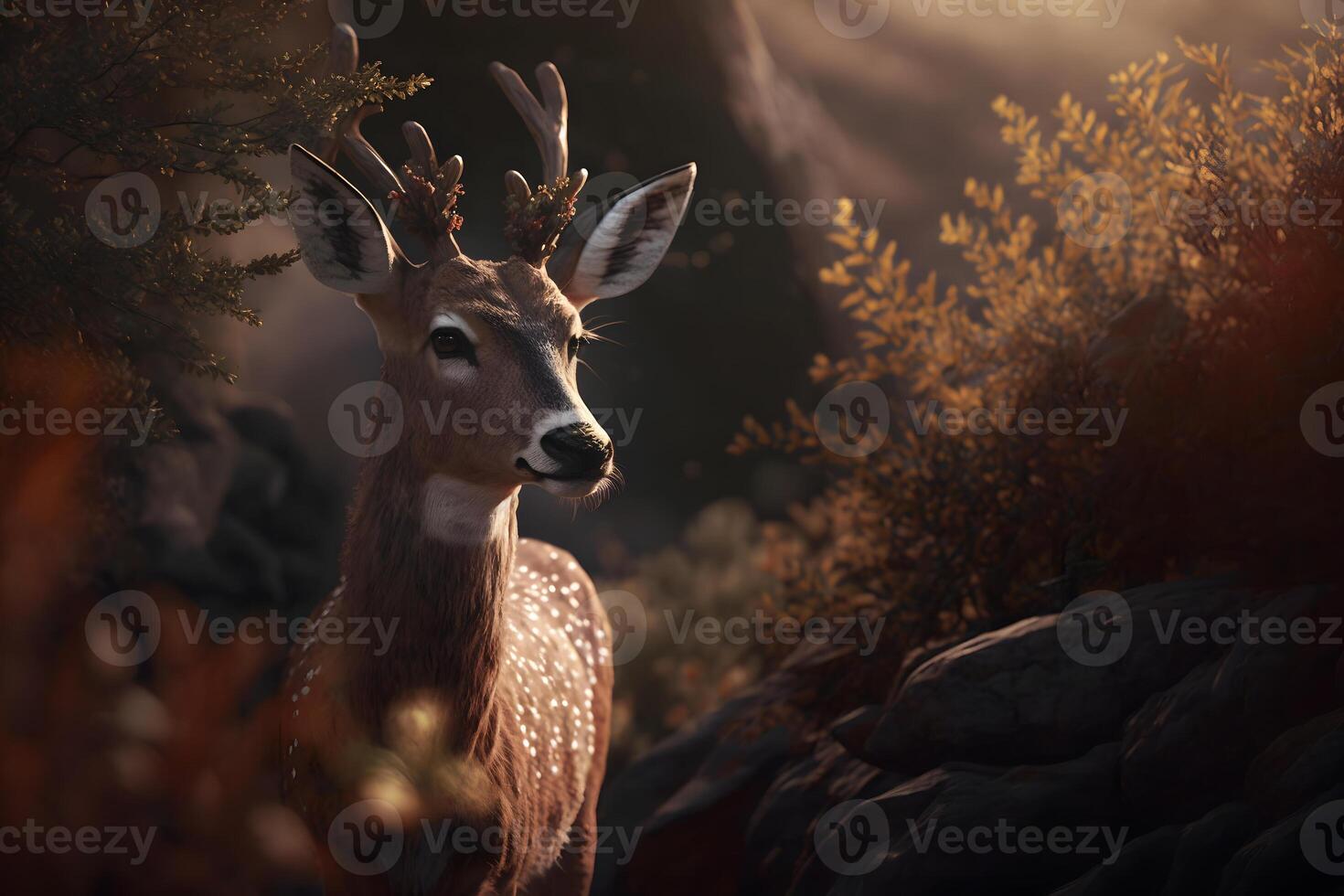 rouge cerf cerf entre fougères dans l'automne forêt. neural réseau ai généré photo