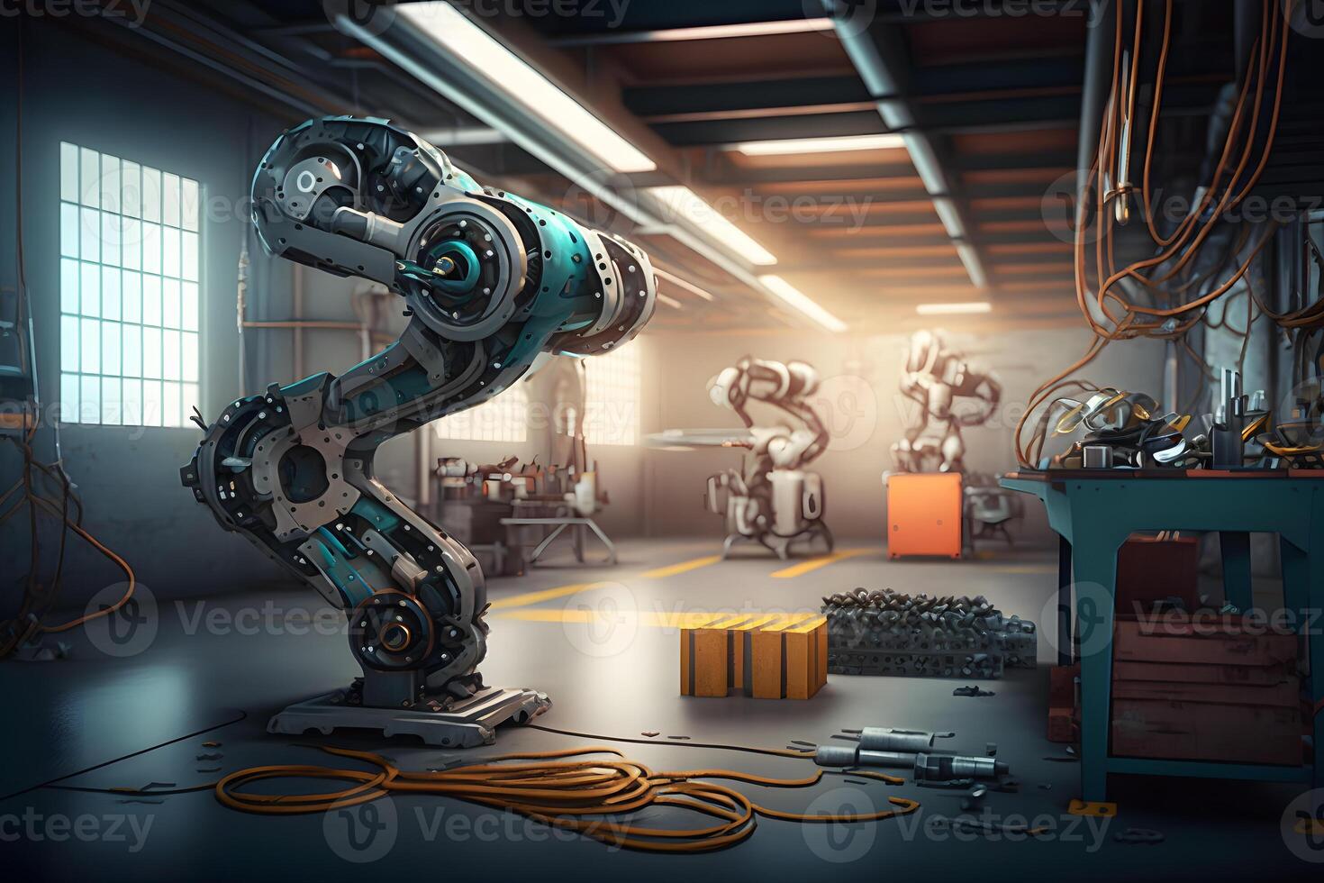 Nouveau robot réglage de machine soudage pour le production ligne de véhicule industriel usine. neural réseau ai généré photo