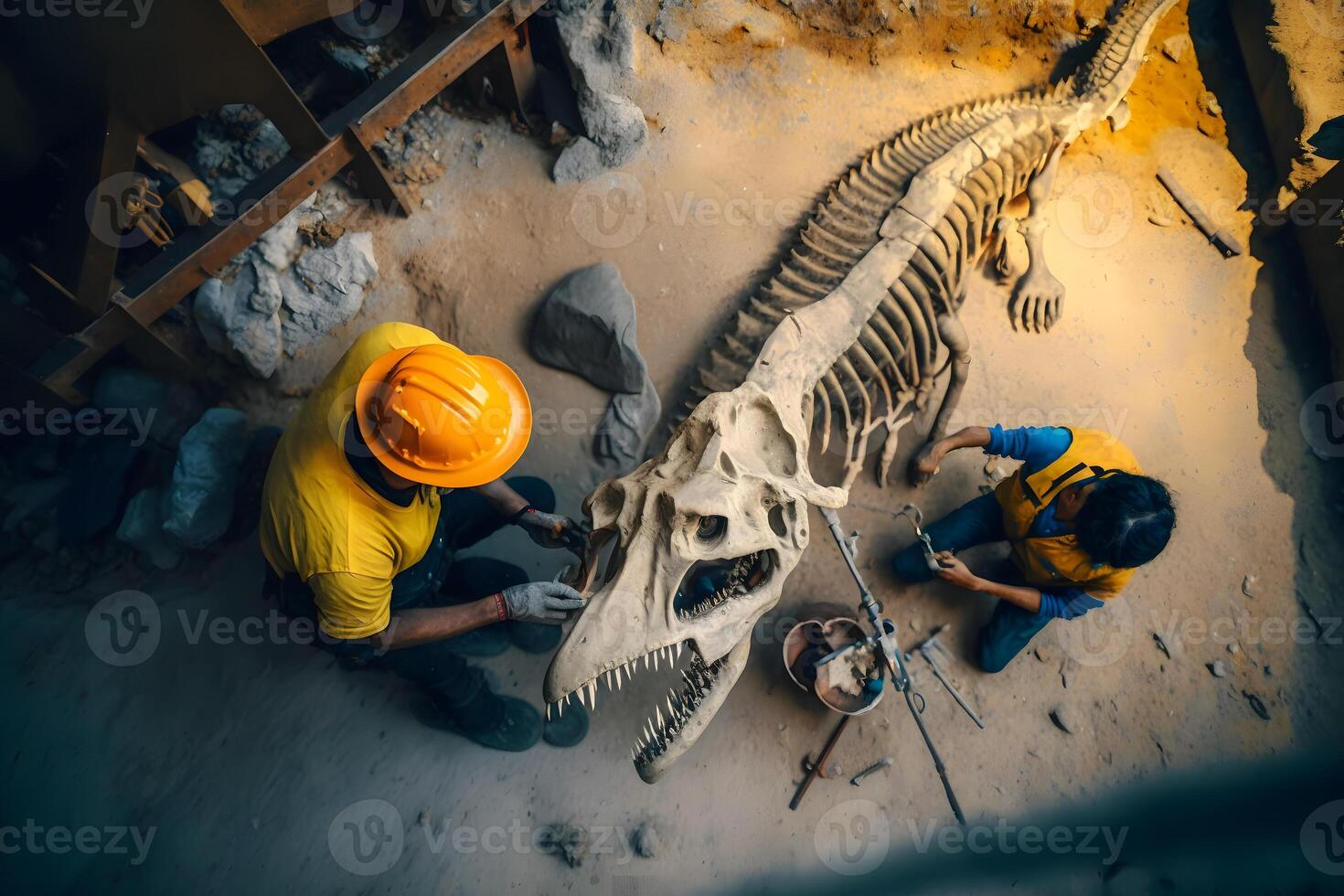 archéologue travaux sur un archéologique site avec dinosaure squelette dans mur pierre fossile tyrannosaure fouilles. neural réseau ai généré photo