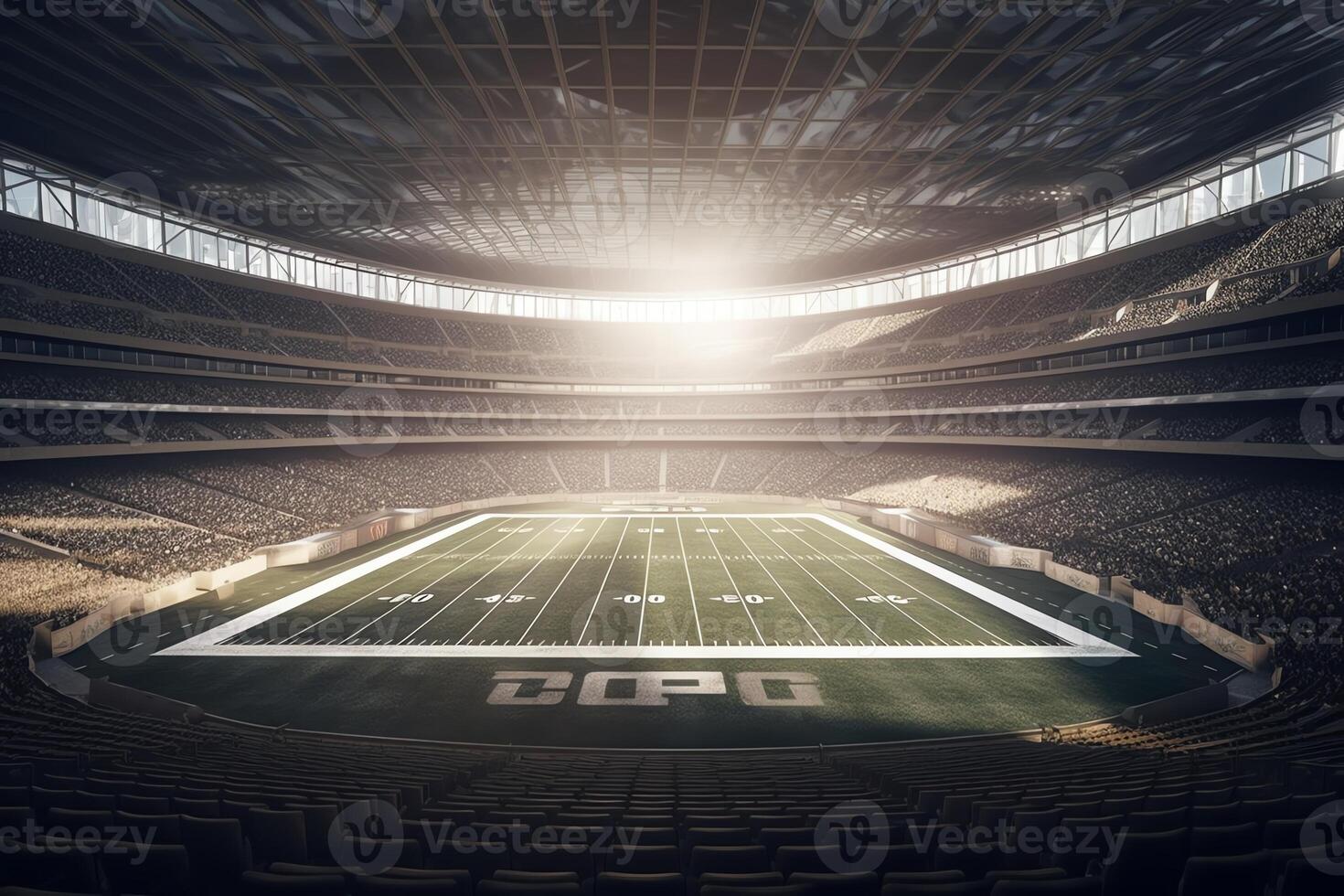 3d américain Football stade rendu dans lumière des rayons. ai généré photo