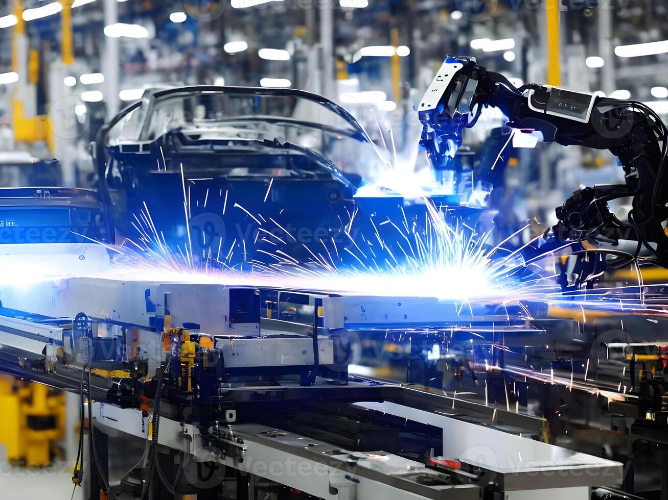 moderne haute technologie industriel robotique bras sur le usine production ligne production ligne est étant soudé. génératif ai. photo