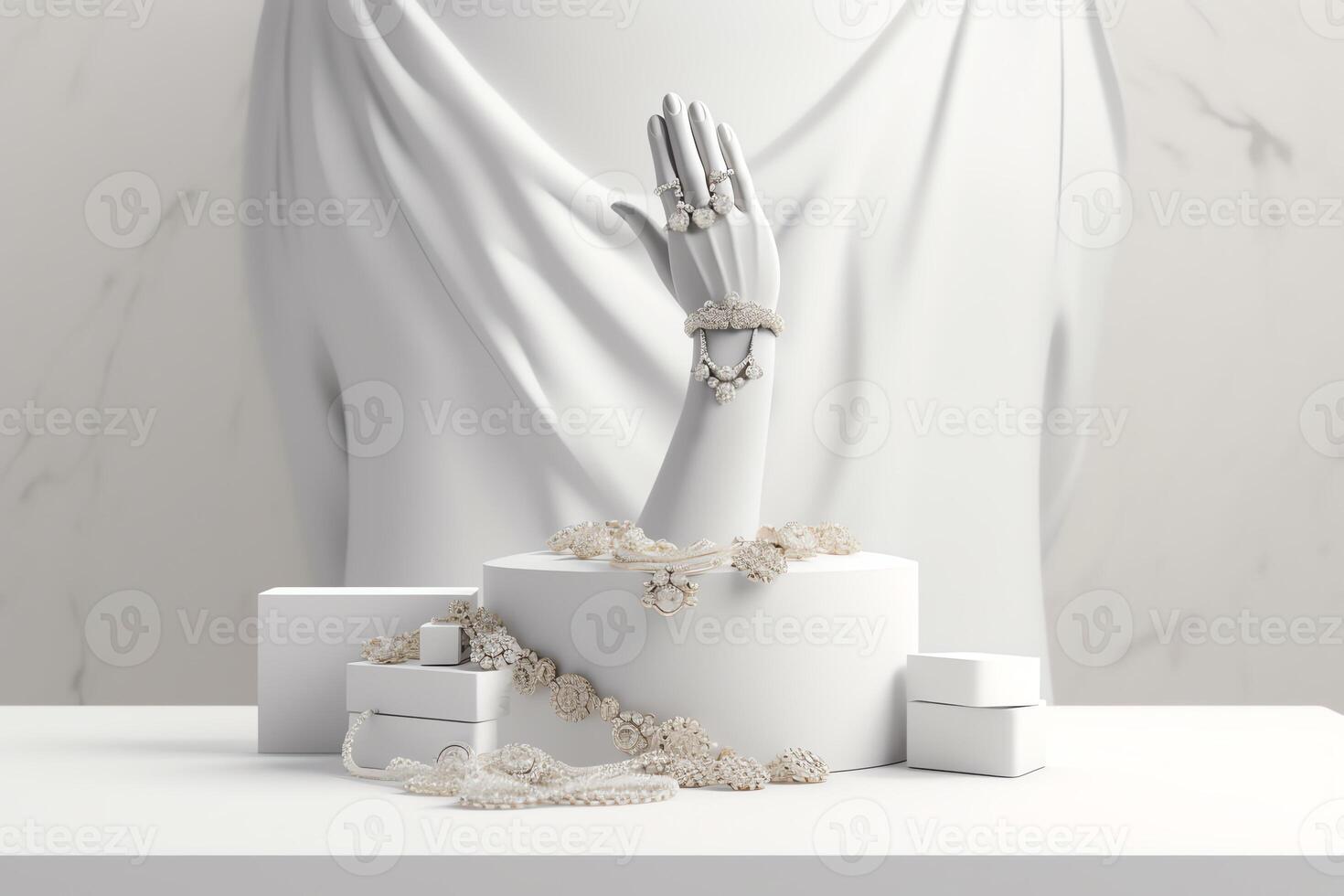 3d le rendu de élégant main affichage bijoux sur blanc podium ai généré photo