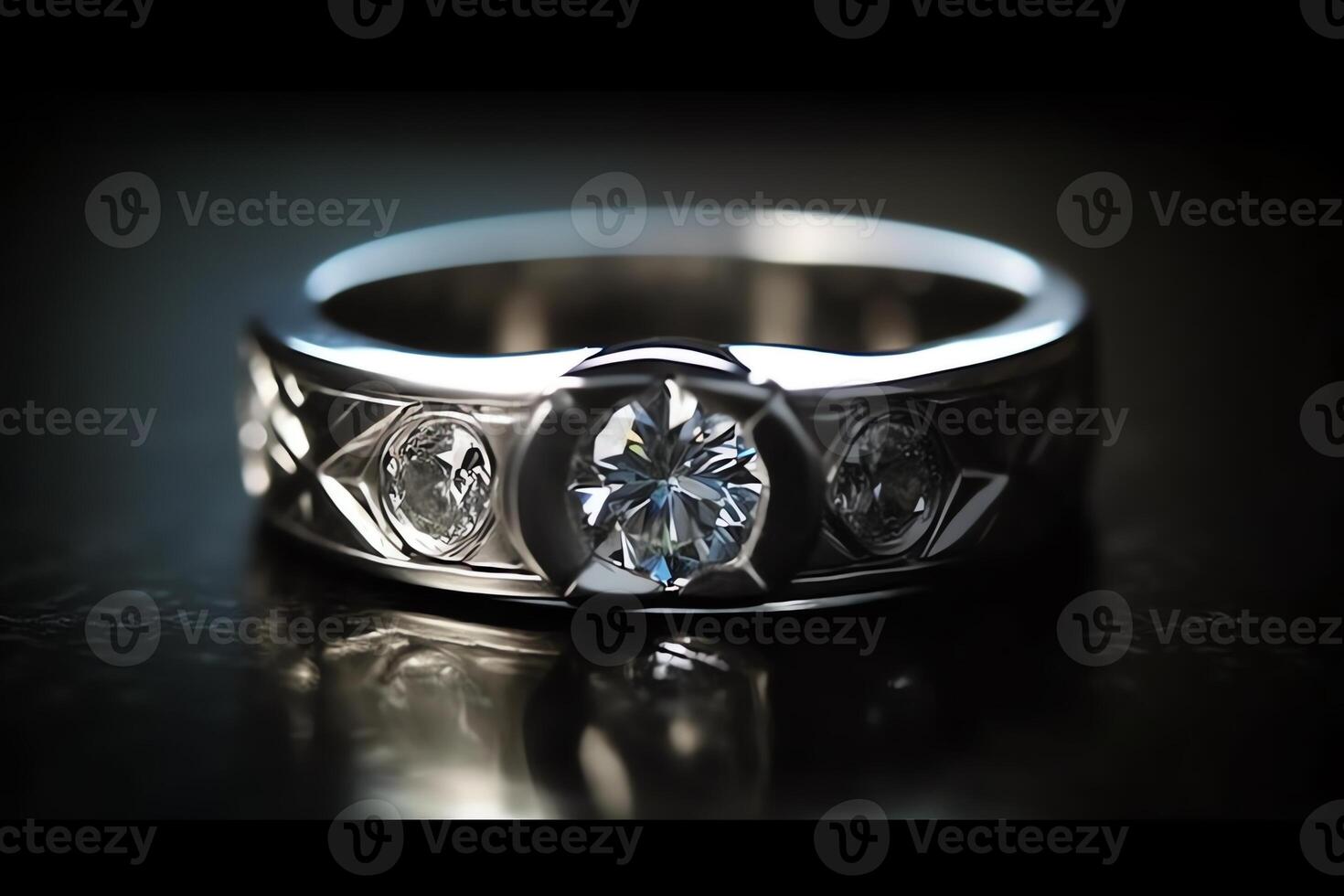 réfléchissant 3d engagement bague avec diamant dans blanc or ou argent. ai généré photo