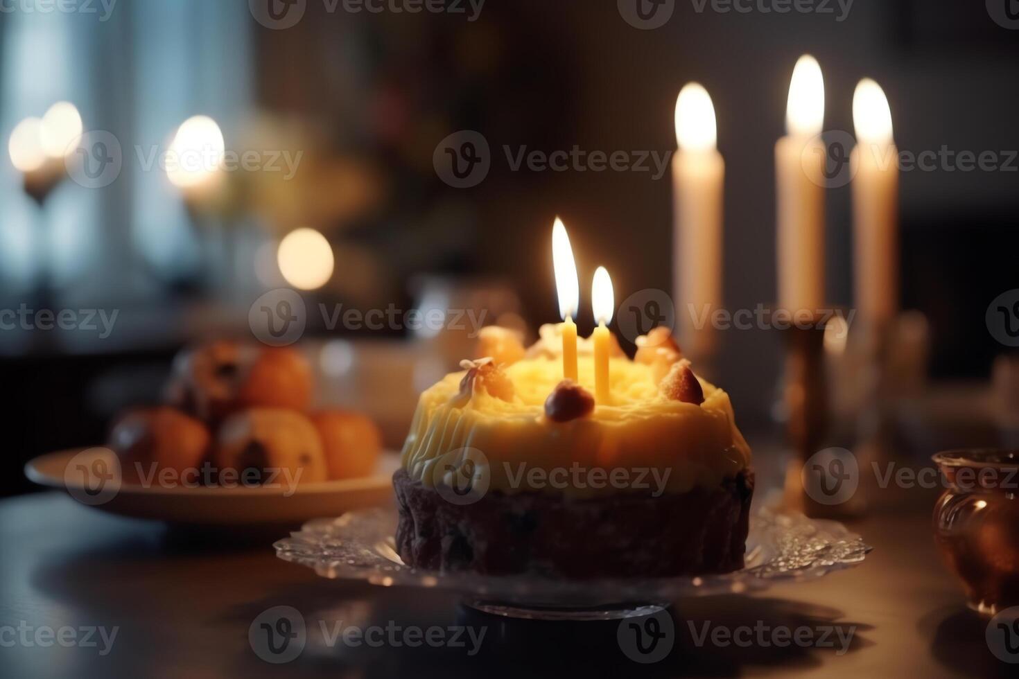 gâteau avec bougies dans flou à manger pièce Contexte ai généré photo