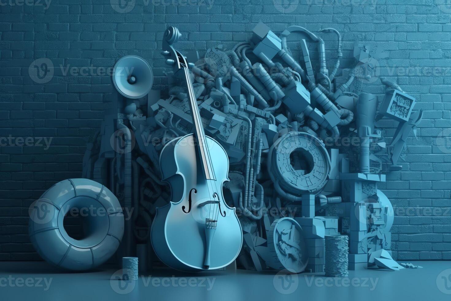 3d illustration de une mur avec une bleu musical instrument. ai généré photo