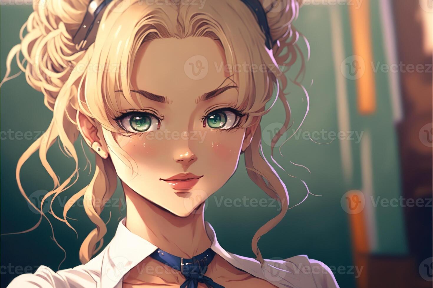 illustration de Jeune anime femme prof avec vert yeux et blond Cheveux regards vers l'avant dans école classe ai généré photo