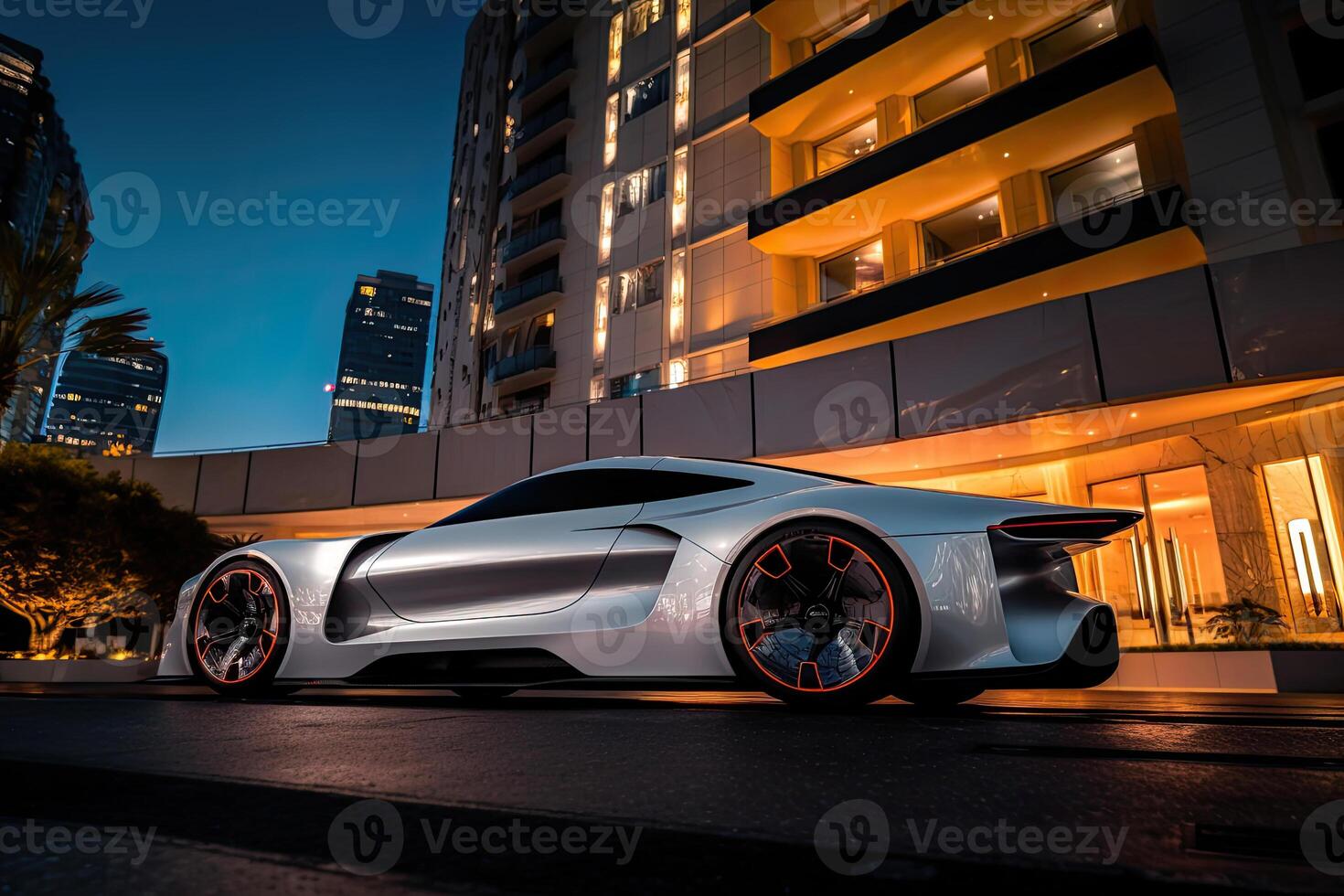 moderne voiture de sport parking près luxe Hôtel à nuit. génératif ai photo