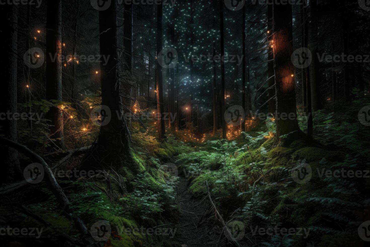 fantaisie magique forêt avec embrasé lumières. génératif ai photo