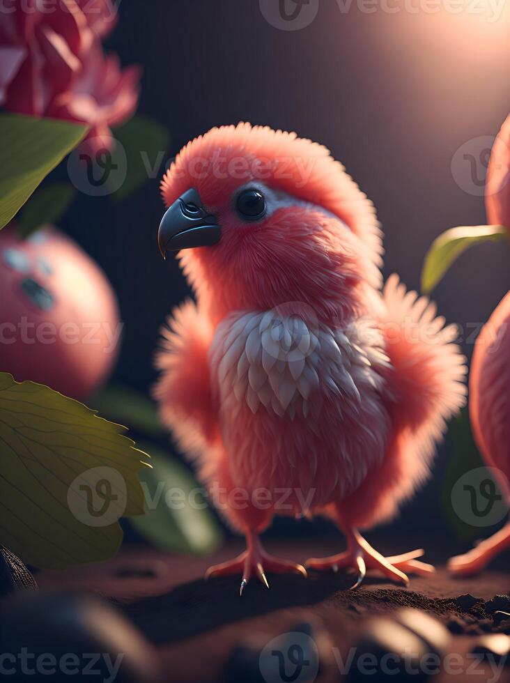 une rose oiseau avec une noir œil et une blanc pièce sur ses poitrine. ai généré photo