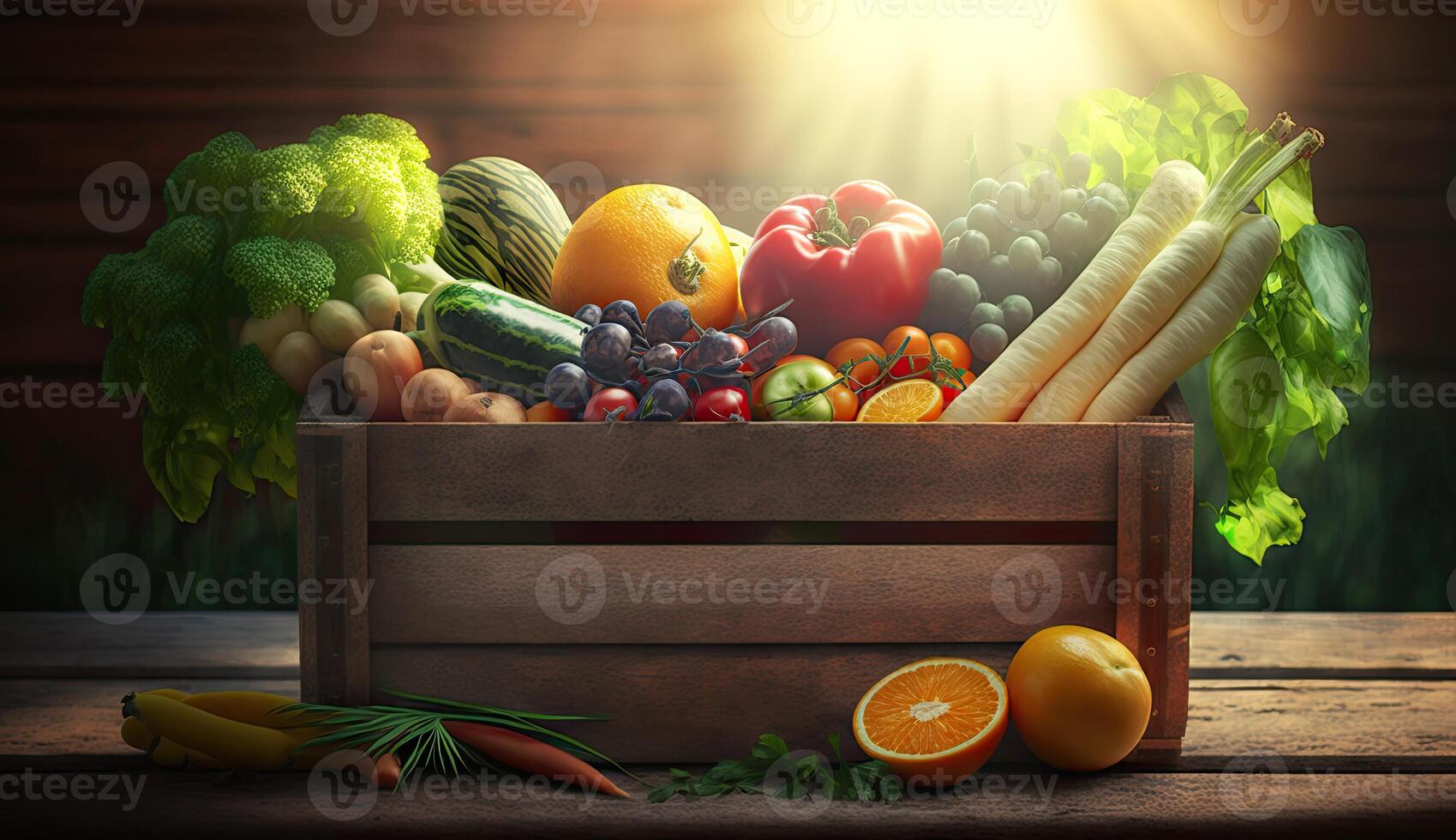 en bonne santé de varie brut biologique des légumes dans panier boîte sur  en bois tableau,