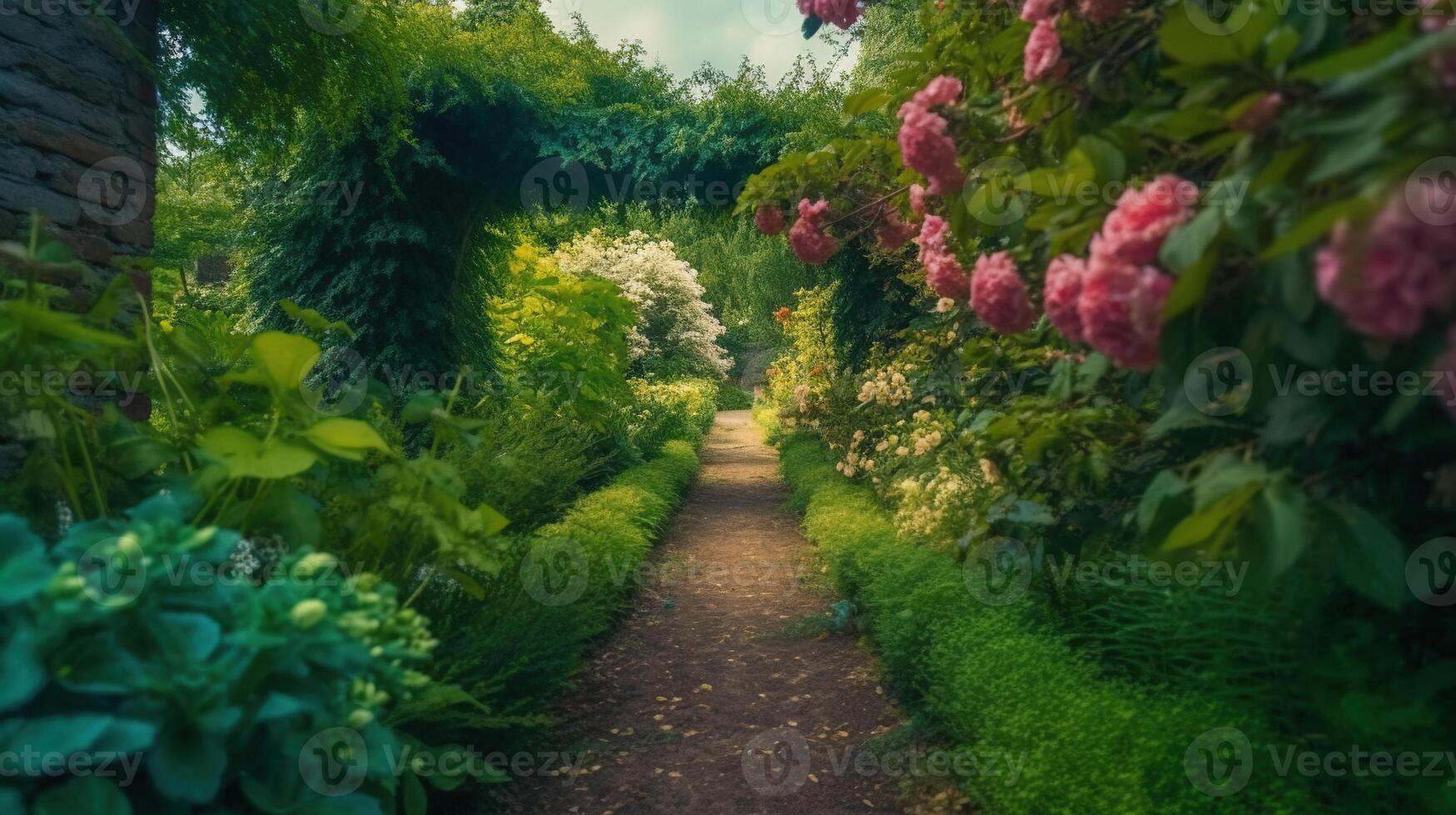 génératif ai, magnifique été privé jardin avec beaucoup fleurs et végétaux, la nature paysage, Anglais campagne chalet style photo