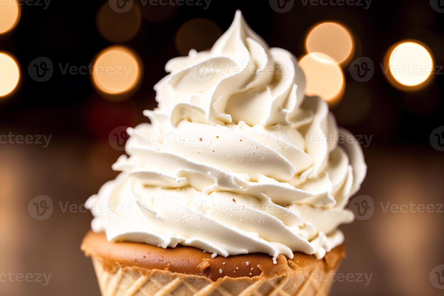 délicieux la glace crème cône avec Chocolat et fouetté crème sur une en bois tableau. sucré aliments. génératif ai photo