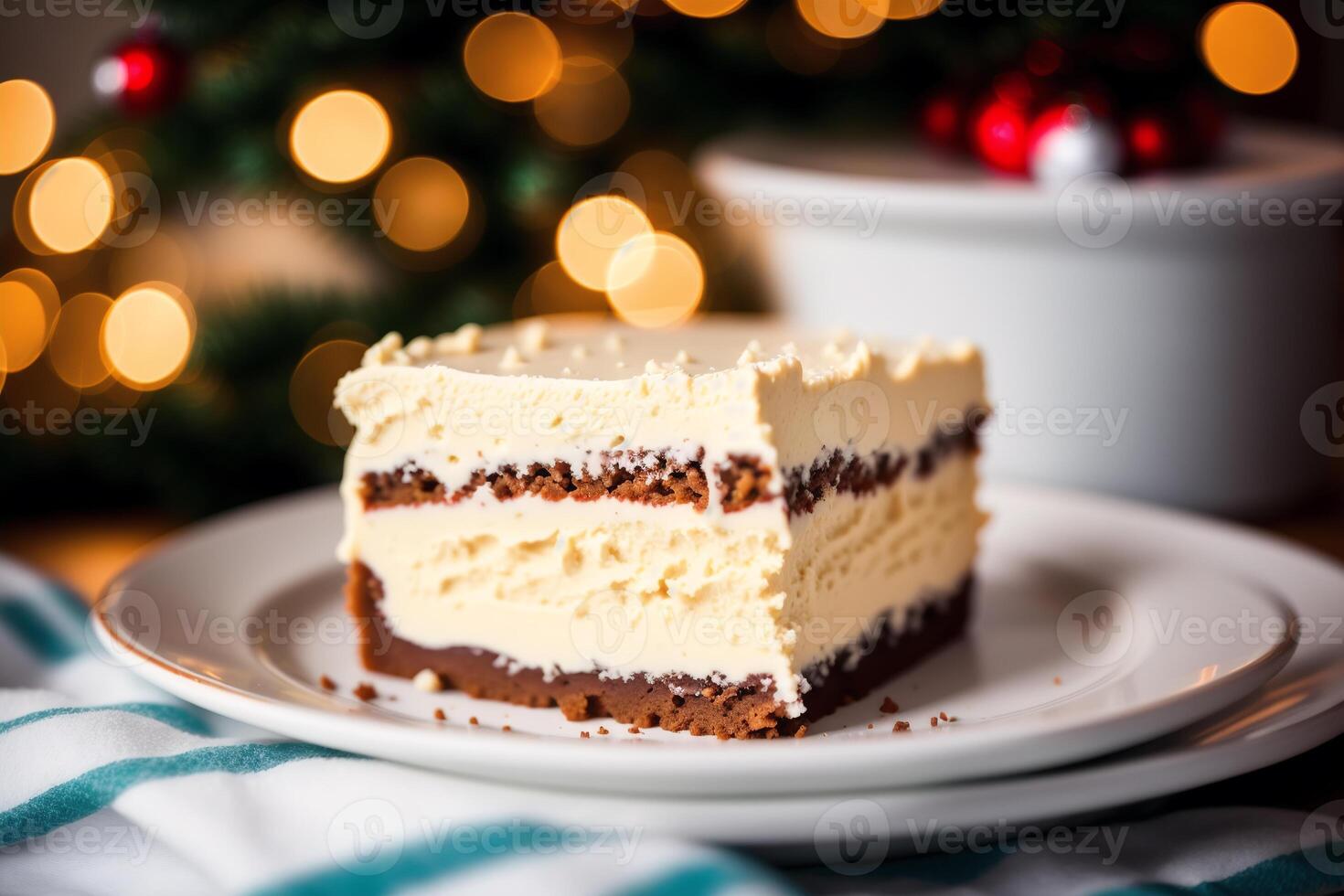 bavarois crème. cuit Crème. pièce de Noël cheesecake avec framboises sur une en bois tableau. fait maison gâteau avec des noisettes et Miel. génératif ai photo